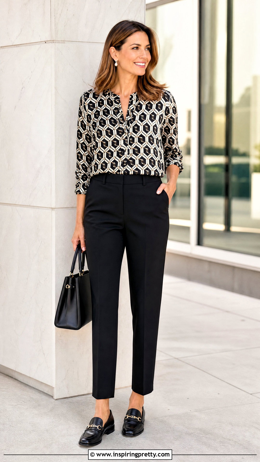 Printed Worthington Blouse With Black Trousers - 20 worthington top outfit ideas