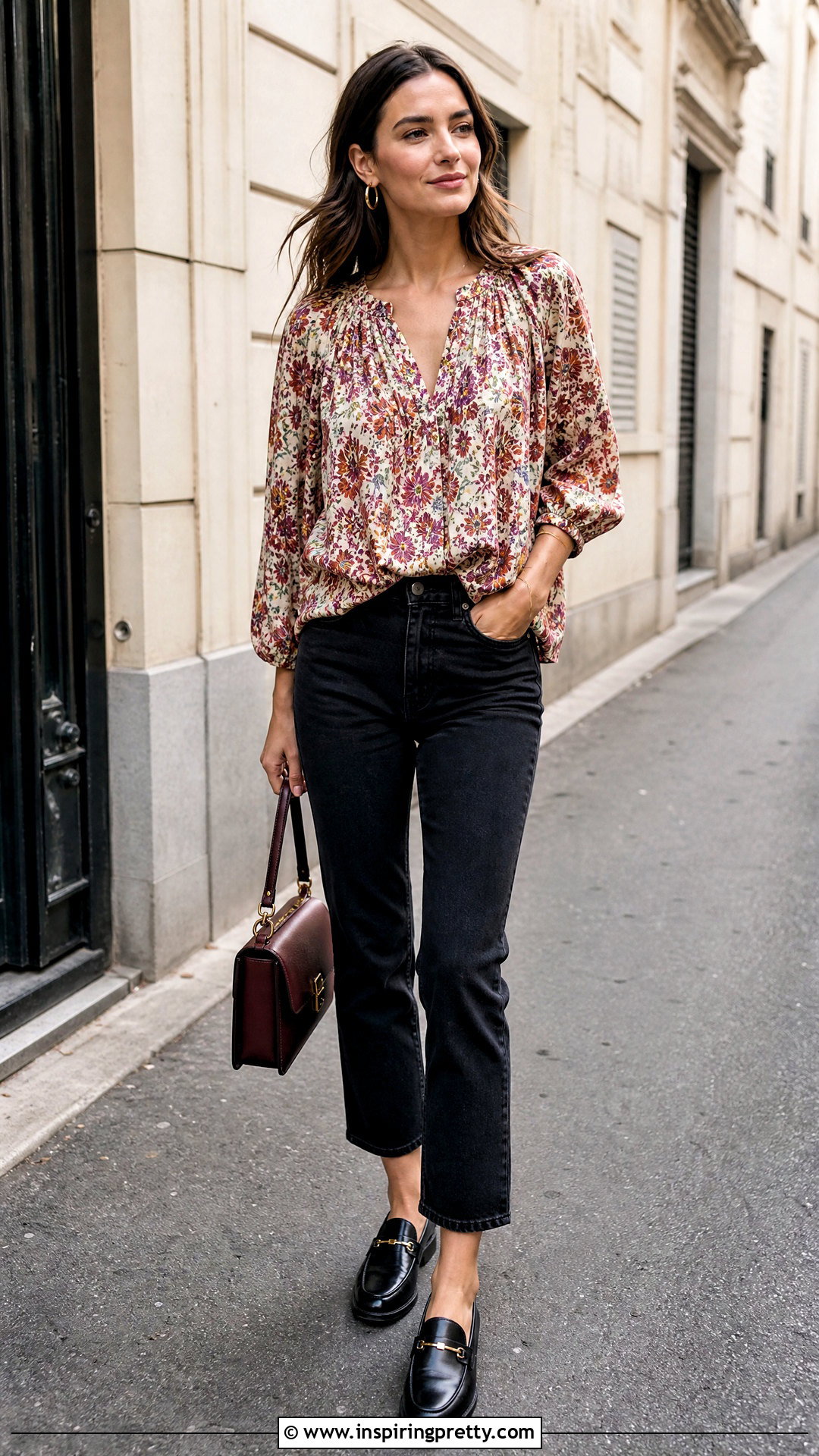 Printed Zara Peasant Top With Black Jeans - 20 zara peasant top outfit ideas
