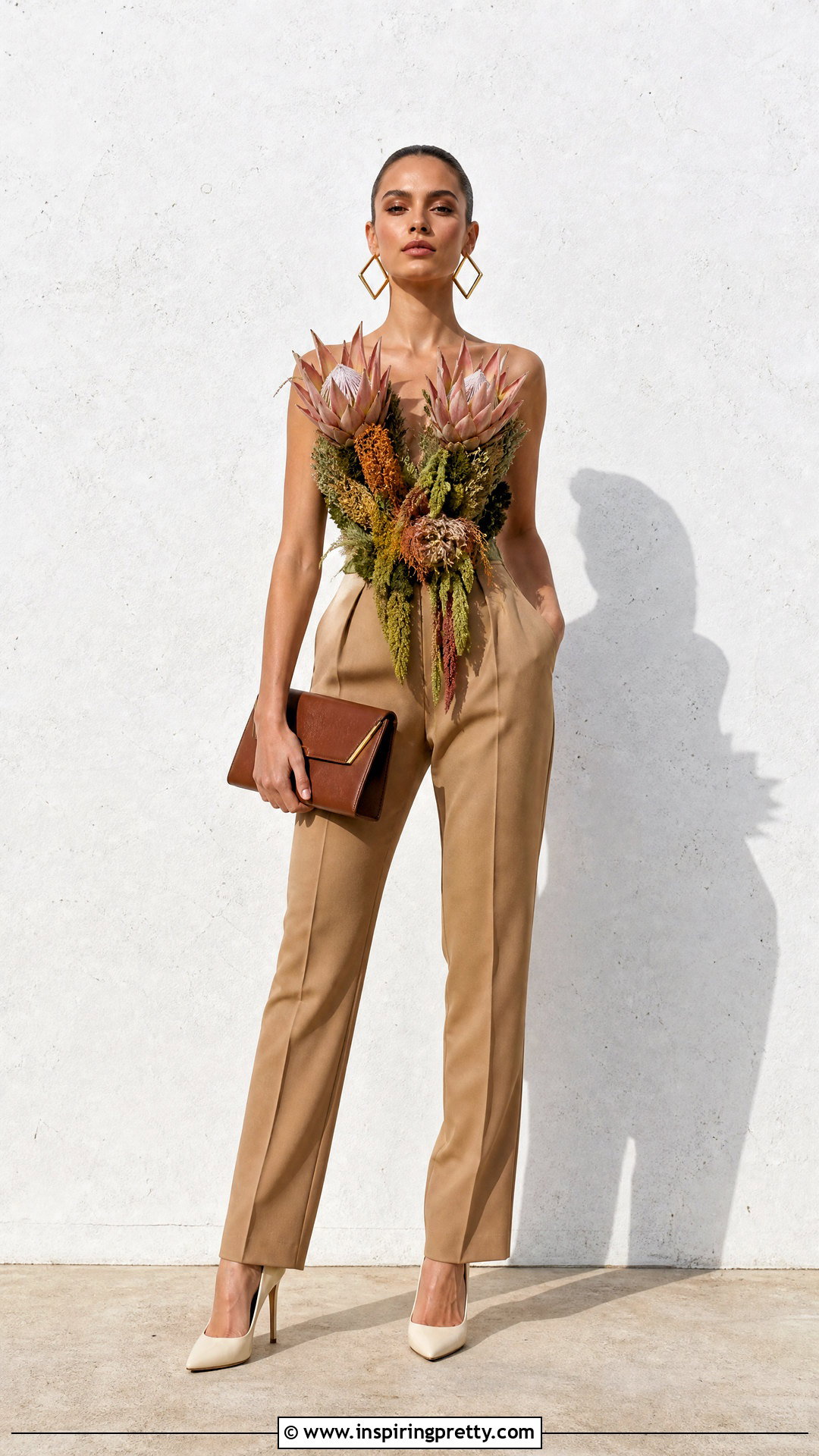 Protea Flower Top With Tan Trousers - 50 flower top photoshoot ideas
