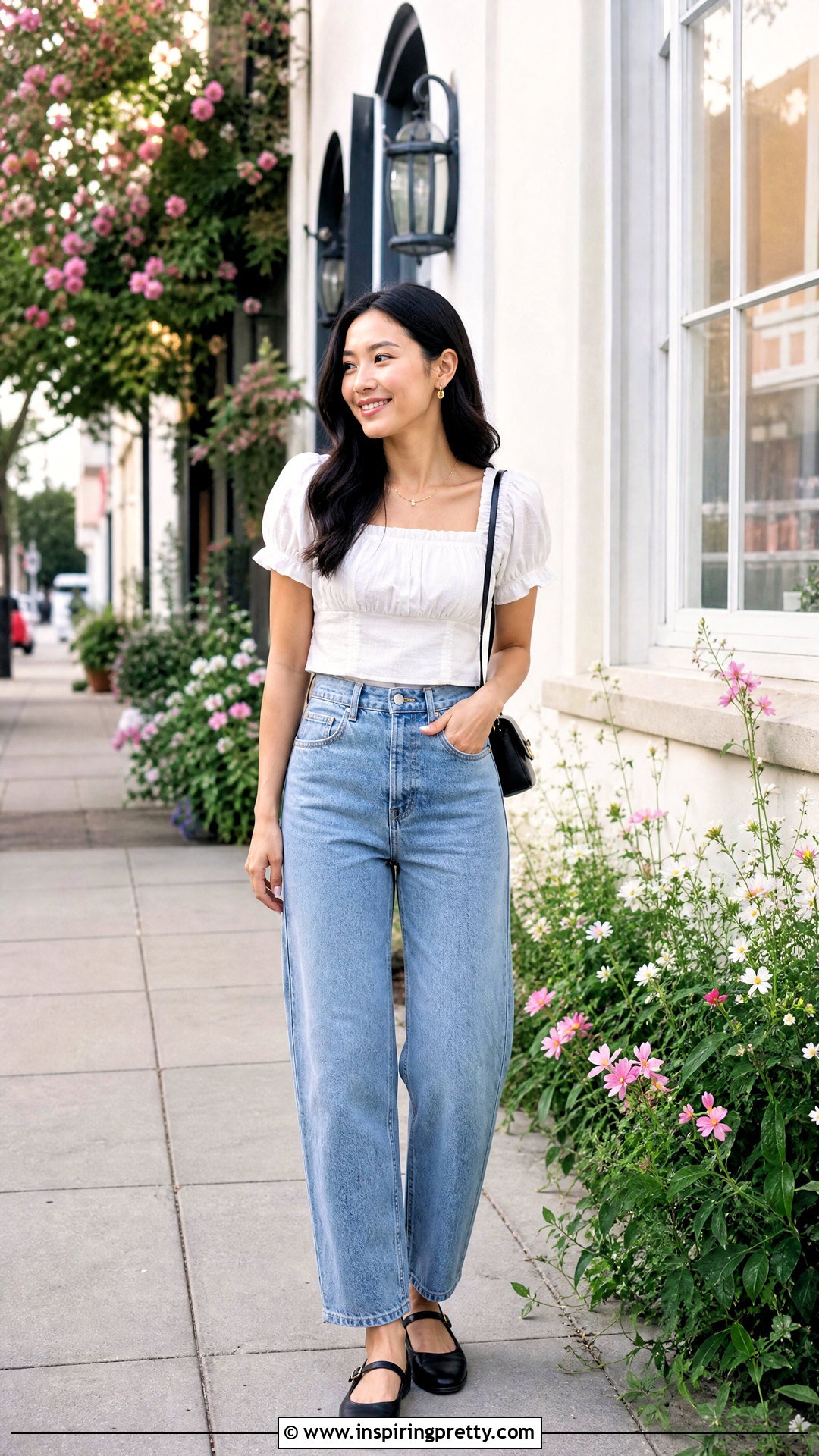Puff Short Sleeve Top With Mom Jeans - 50 short sleeve top outfit ideas