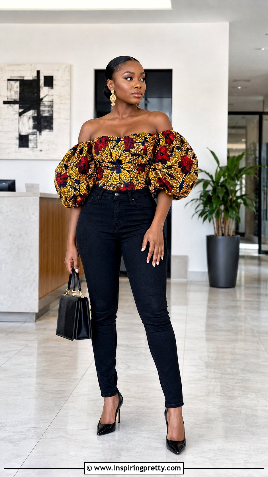 Puff Sleeve Ankara Off Shoulder Top With Black Jeans - 20 ankara tops with jeans off shoulder outfits