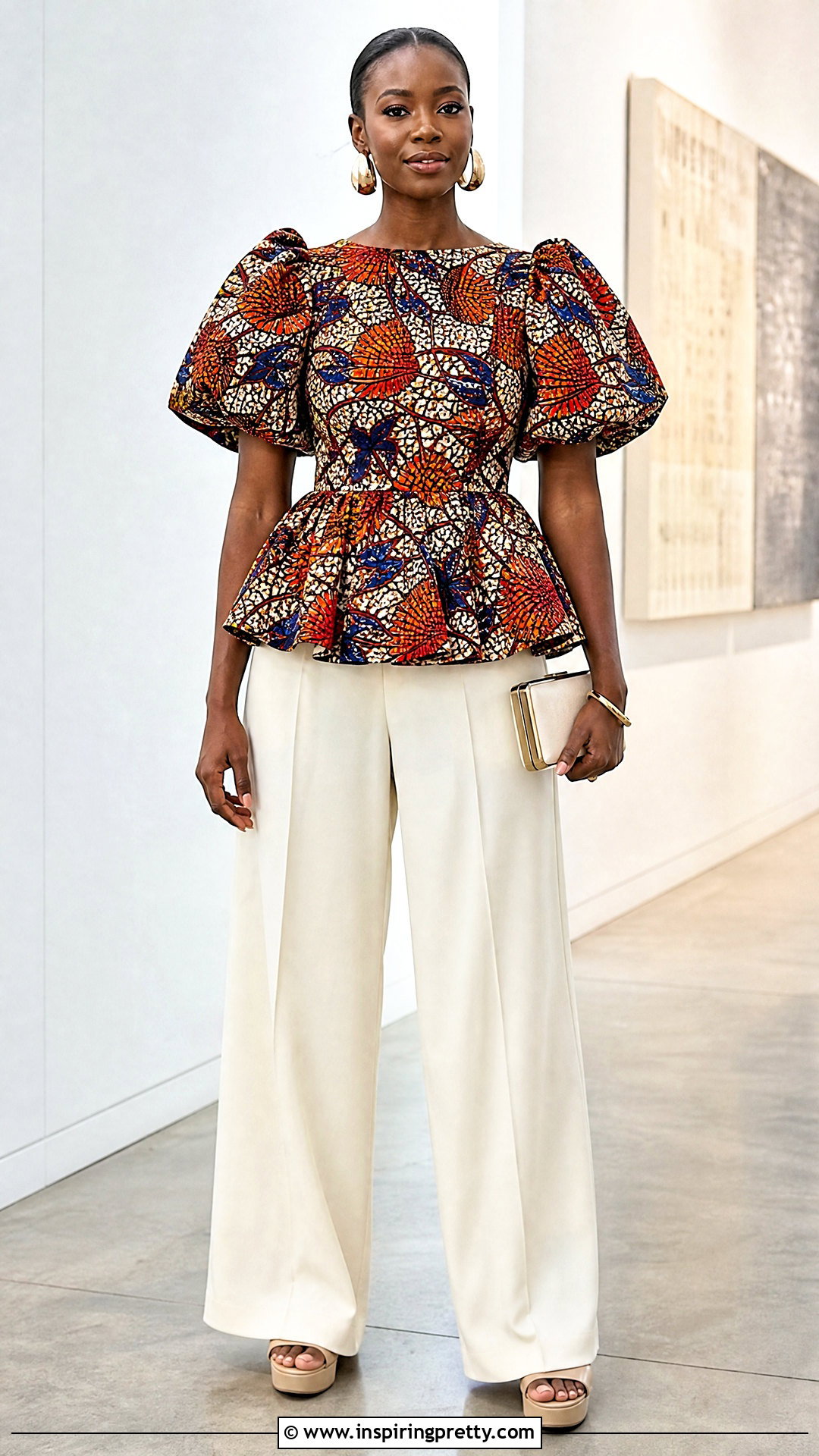 Puff Sleeve Ankara Peplum Top With Wide Leg Pants - 20 pepulam tops ankara ideas