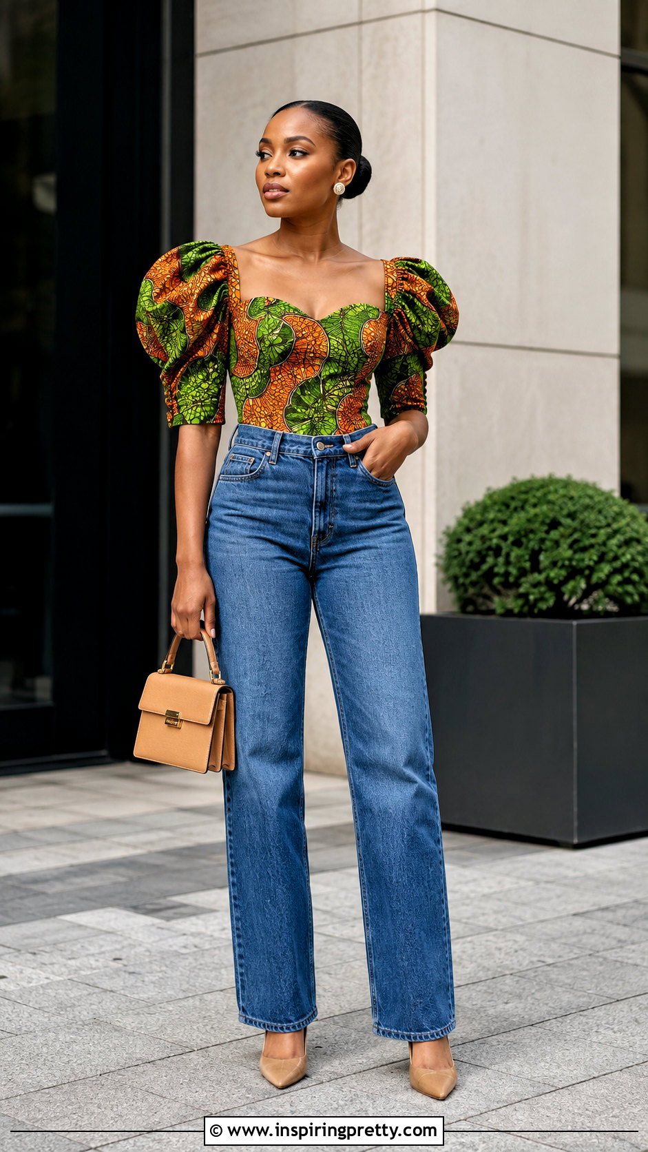 Puff Sleeve Ankara Top With Straight Leg Jeans - 50 Simple Ankara Tops With Jeans