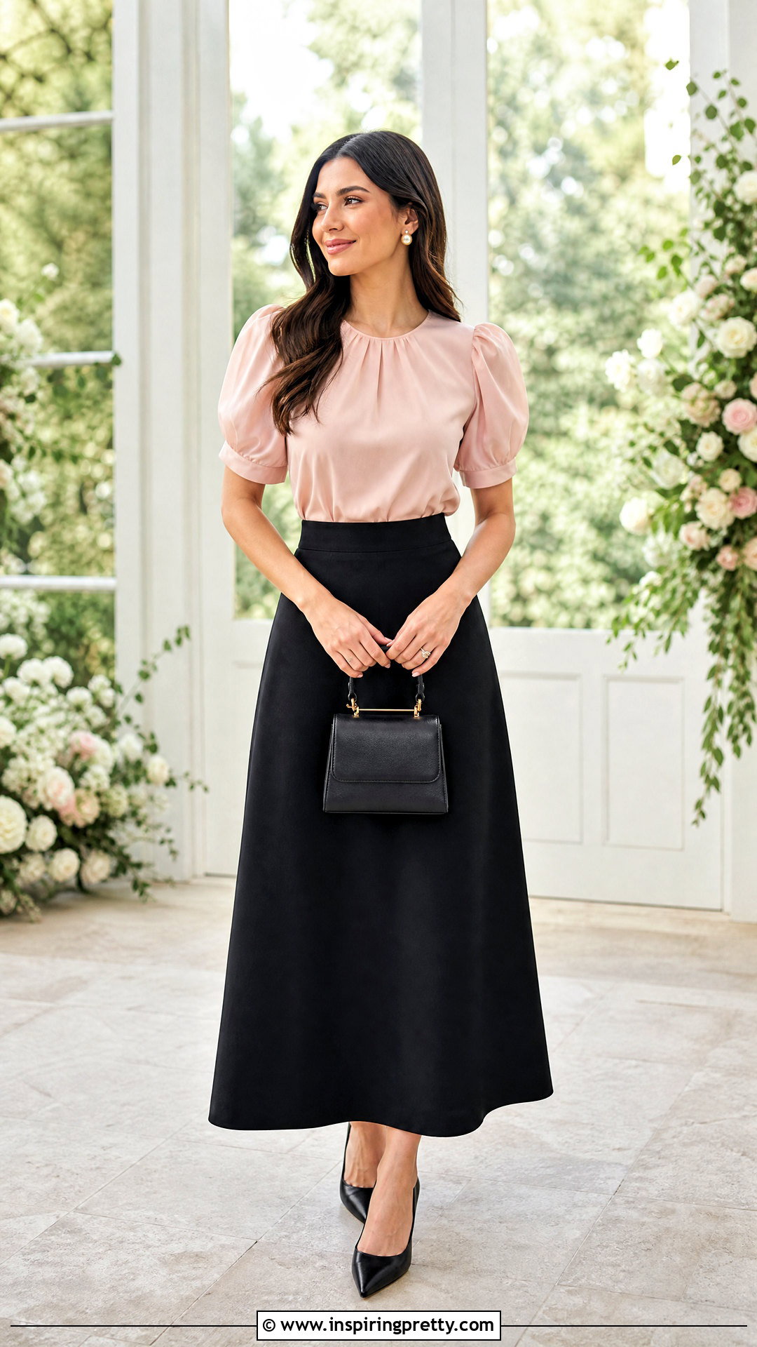 Puff Sleeve Blouse With Long Black Skirt And Pumps - 25 Tops To Go With Long Black Skirts