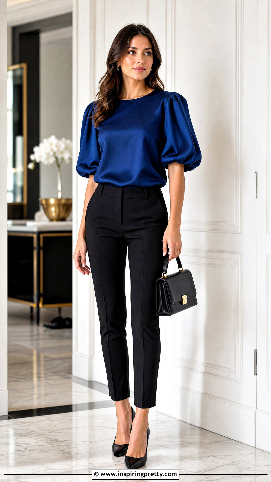Puff Sleeve Blouse With Slim Trousers - 50 fancy tops outfit ideas