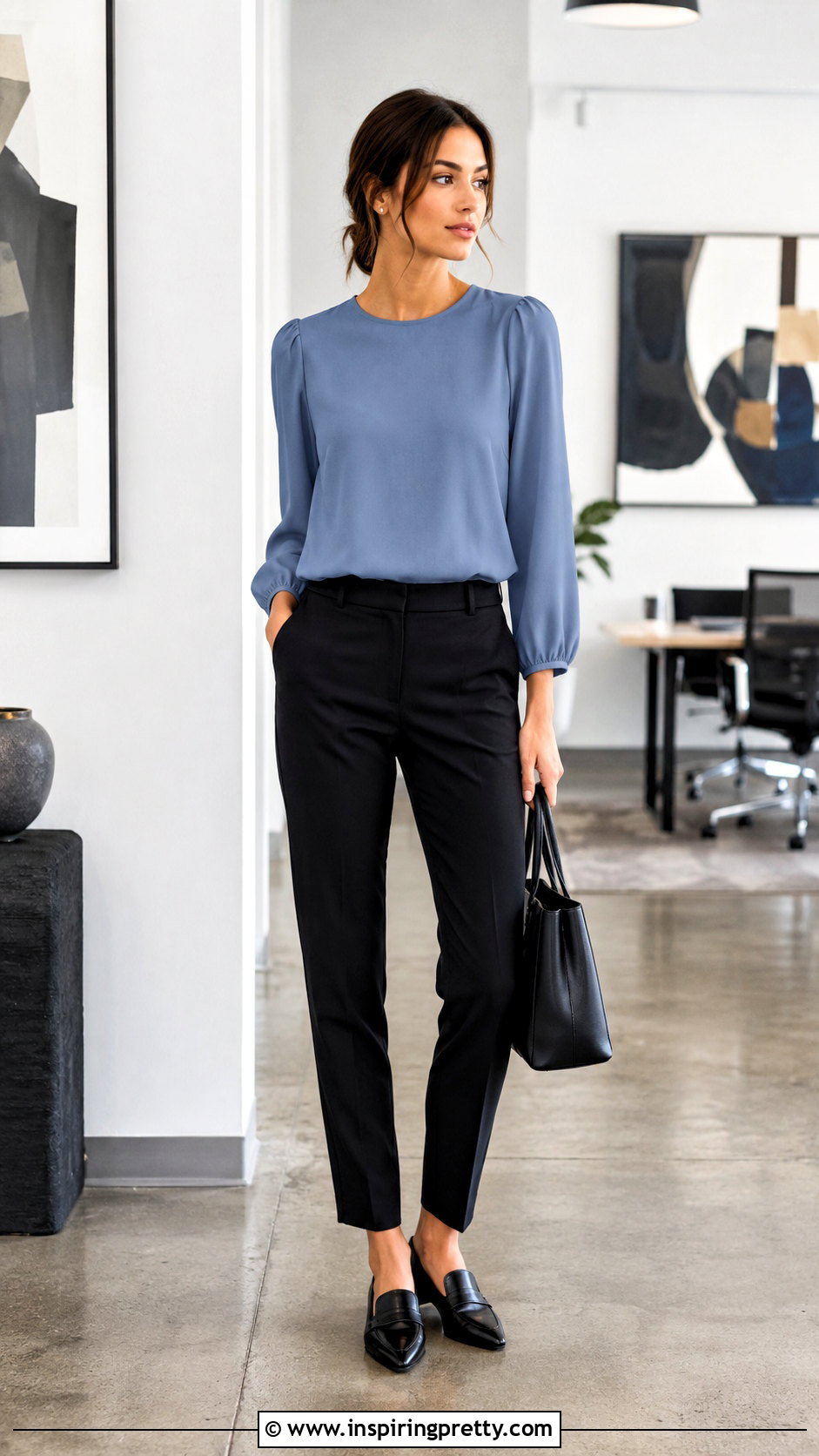 Puff Sleeve Blouse With Slim Trousers - 50 corporate tops blouses