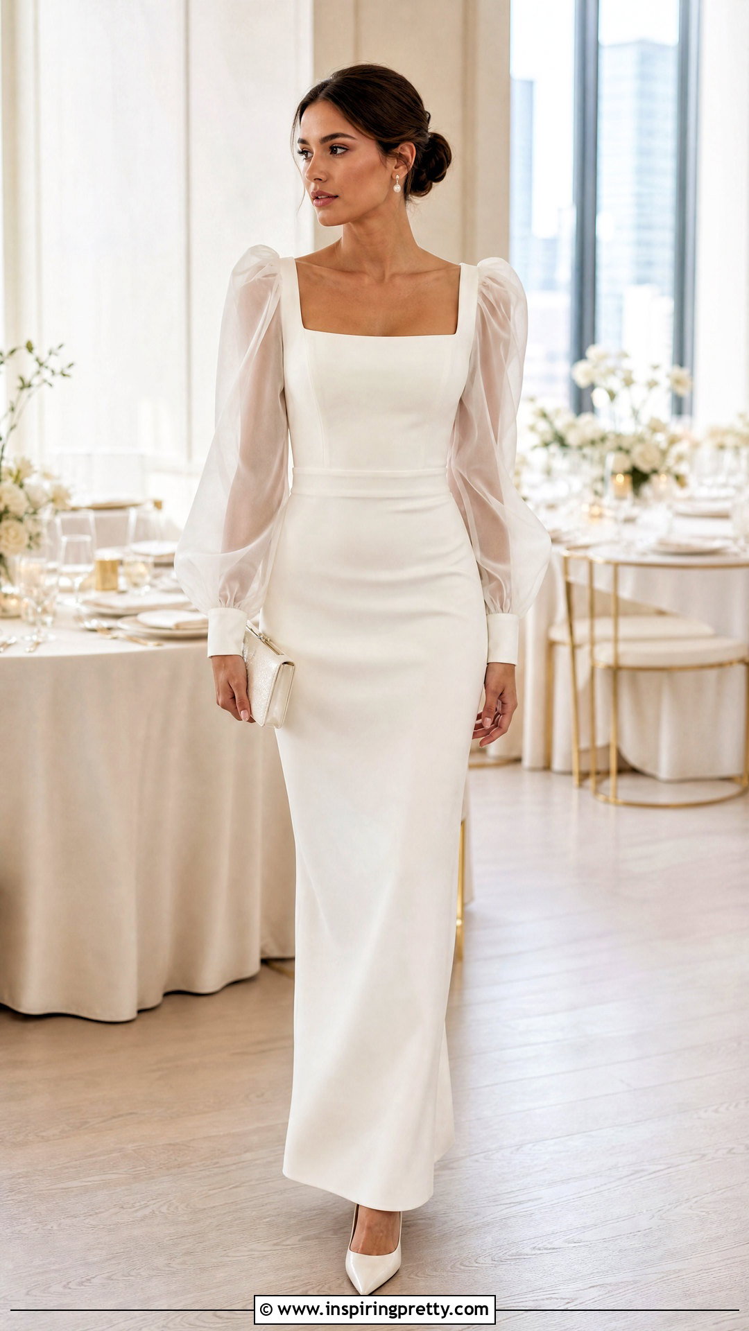 Puff Sleeve Bridal Top With Slim Crepe Skirt - 20 bride skirt and top outfit ideas