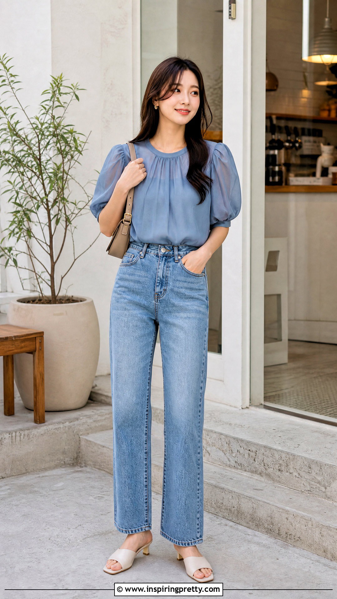 Puff Sleeve Chiffon Top With Straight Jeans - 50 chiffon top styles