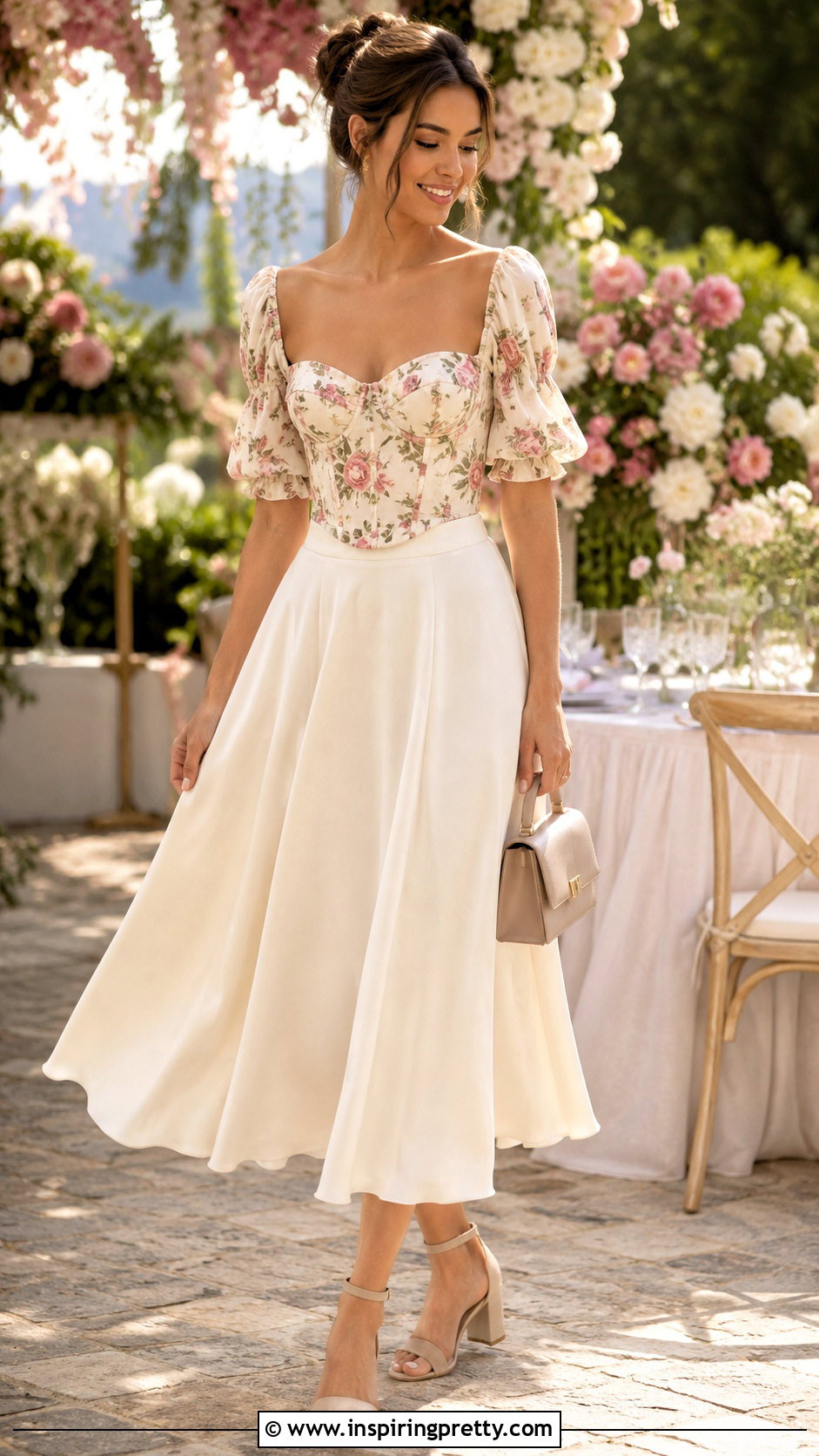 Puff Sleeve Corset Top With Midi Skirt - 50 corset top dress outfit ideas