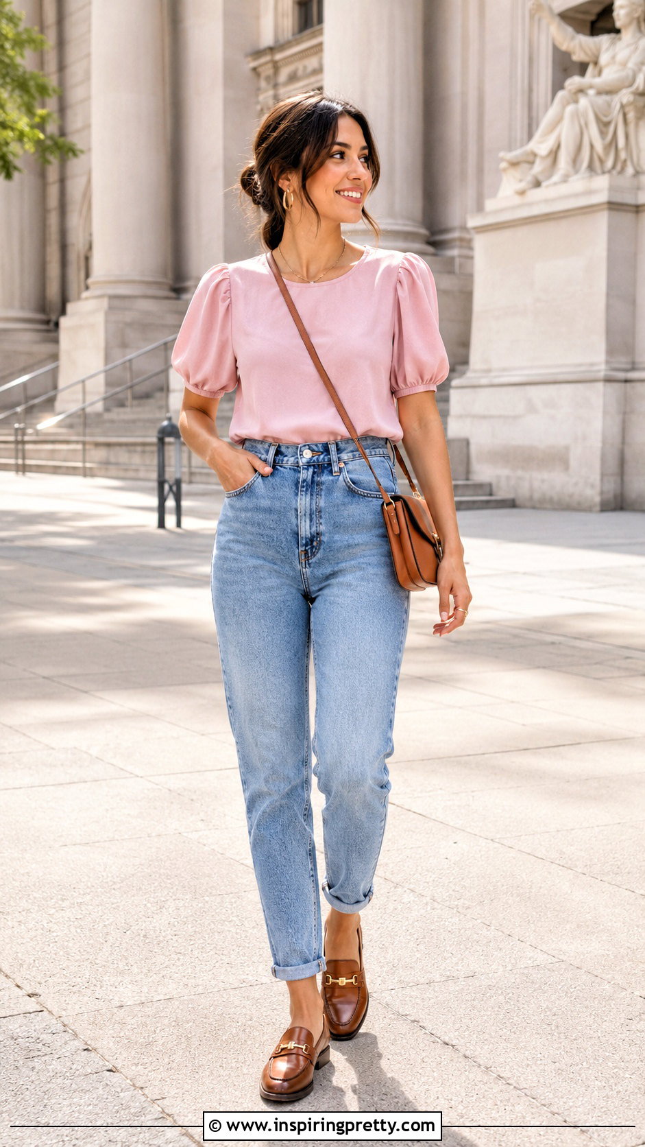 Puff Sleeve Crepe Top With Mom Jeans - 50 crepe top styles