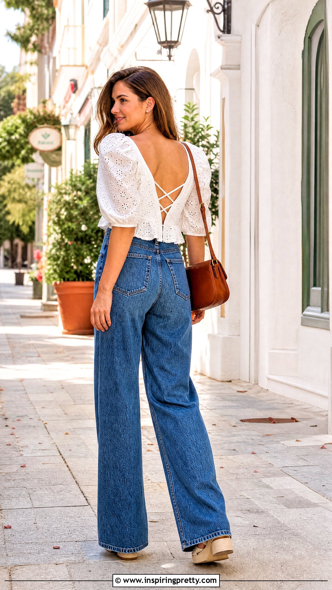 Puff Sleeve Criss Cross Back Blouse With Wide Leg Jeans - 20 criss-cross back top designs