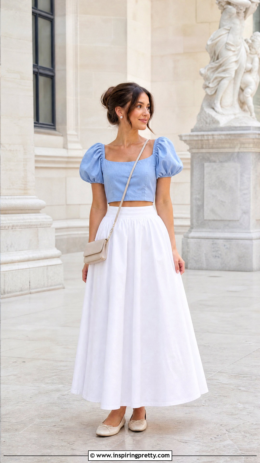 Puff Sleeve Crop Top And High Waisted Maxi Skirt Outfit - 20 crop top and maxi skirt outfit ideas