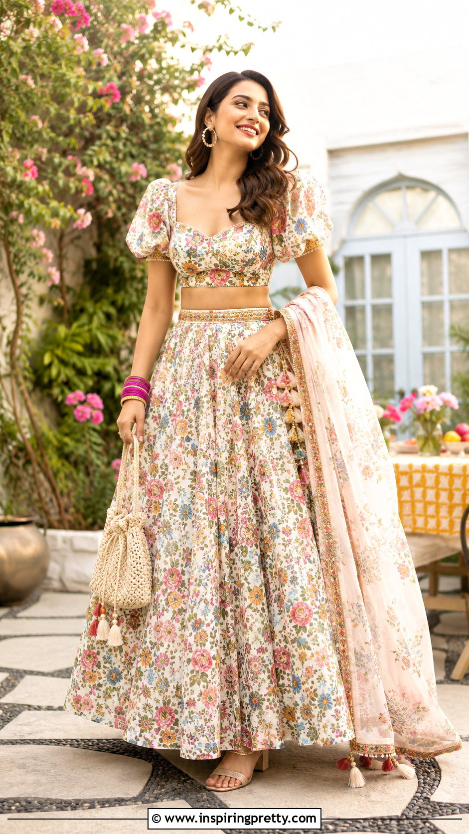 Puff Sleeve Crop Top Blouse With Printed Lehenga - 20 Crop Top Blouse Designs For Lehanga Outfit Ideas