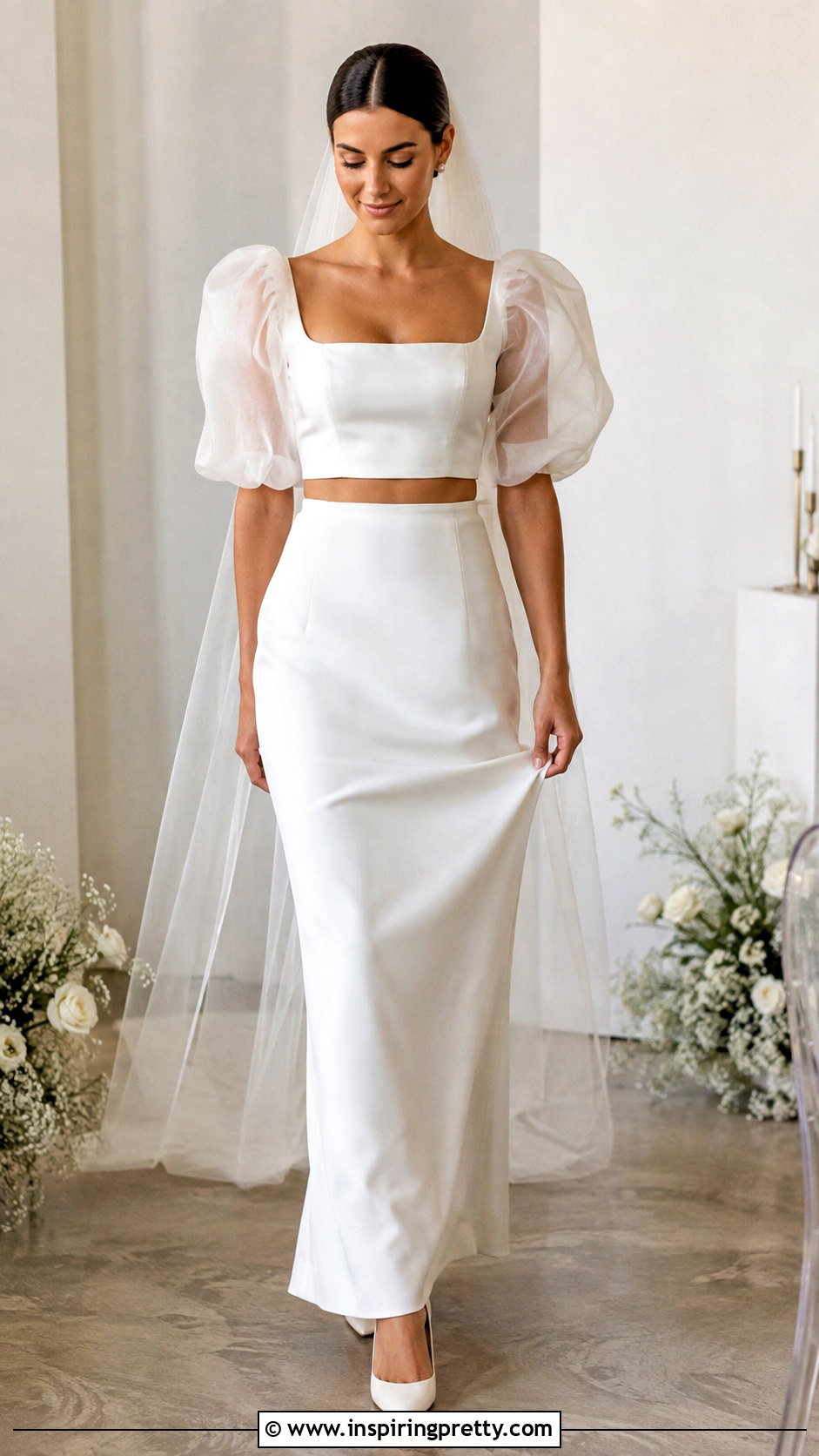 Puff Sleeve Crop Top Bridal Dress - 25 crop top bridal dress outfit ideas