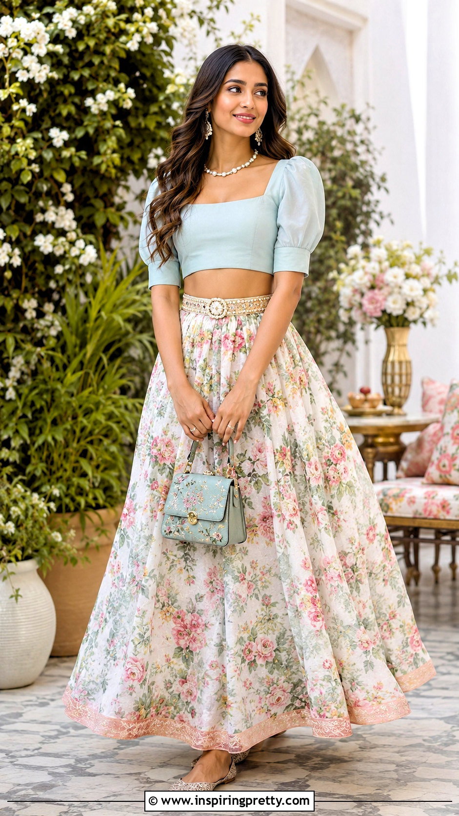 Puff Sleeve Crop Top With Floral Ghagra - 25 ghagra blouse designs crop tops outfit ideas