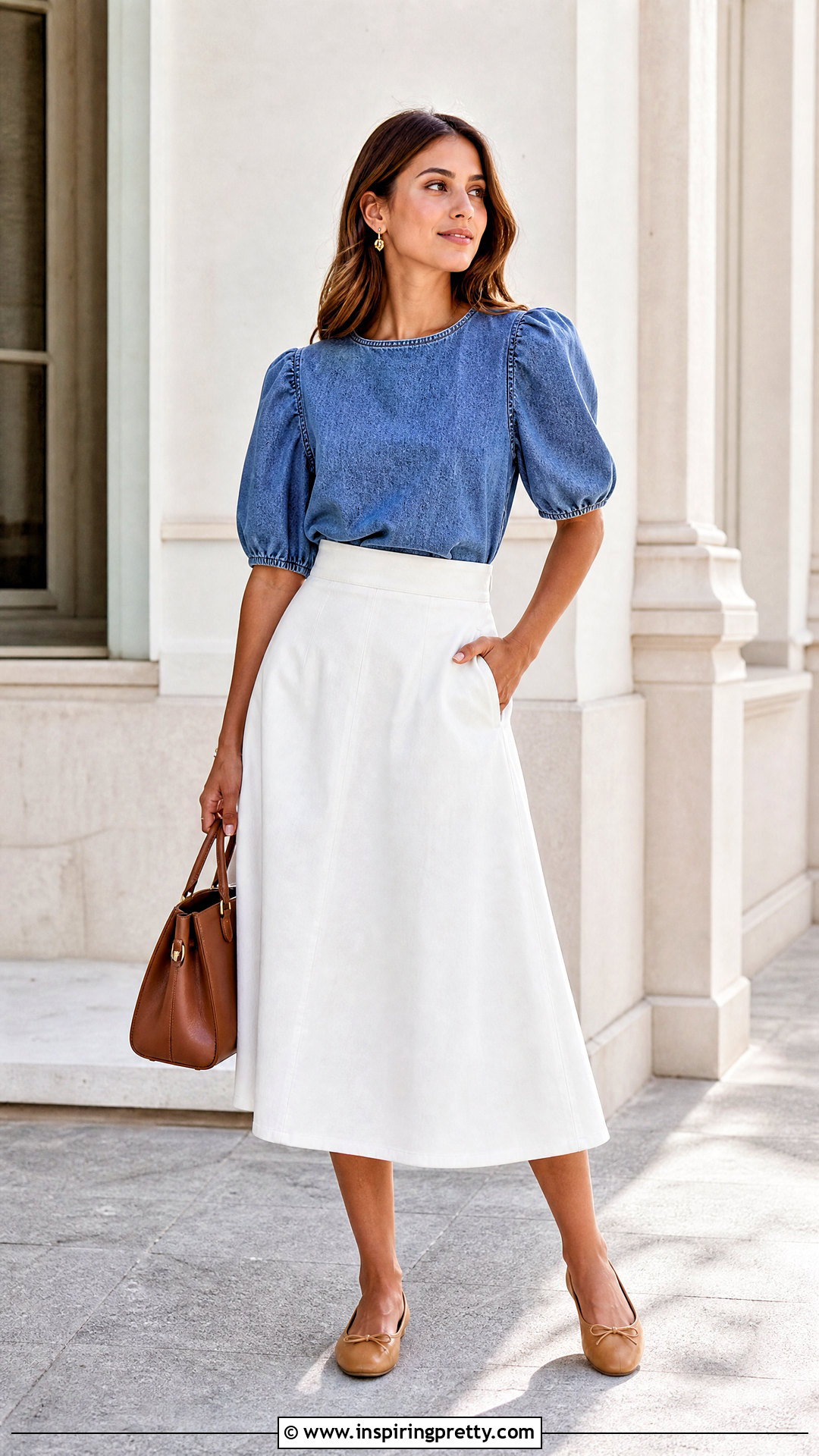 Puff Sleeve Denim Top With A Line Skirt Outfit - 50 denim tops outfit ideas for women