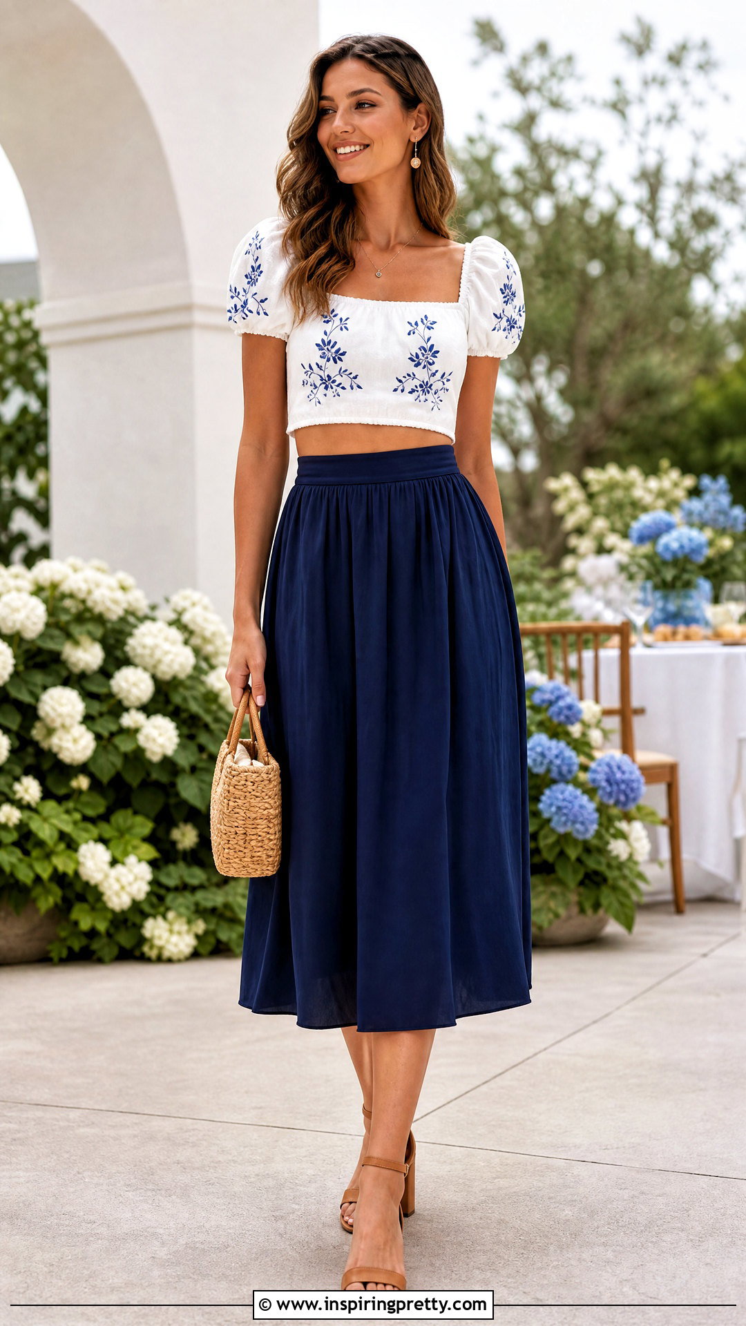 Puff Sleeve Embroidery Crop Top With Midi Skirt - 20 embroidery crop top designs
