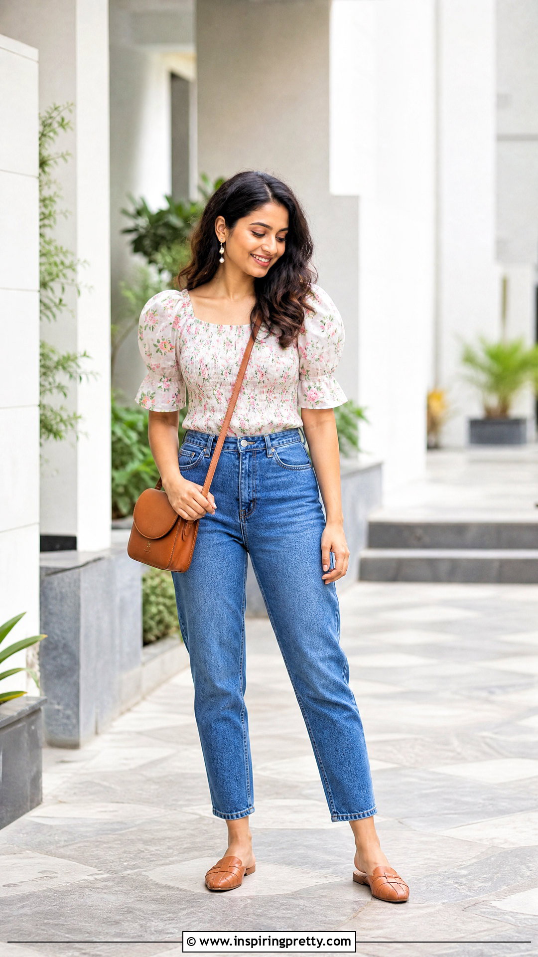 Puff Sleeve Ethnic Top With Mom Jeans - 50 jeans tops indian styles