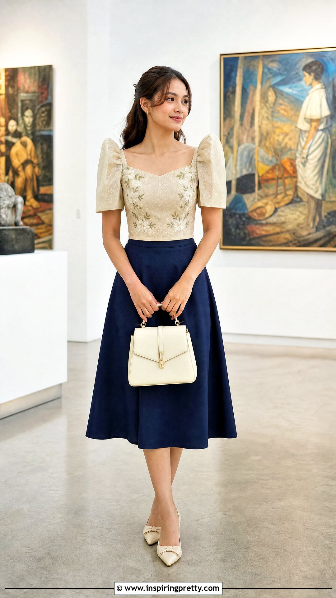 Puff Sleeve Filipiniana Top With A Line Skirt - 50 filipiniana top outfit ideas