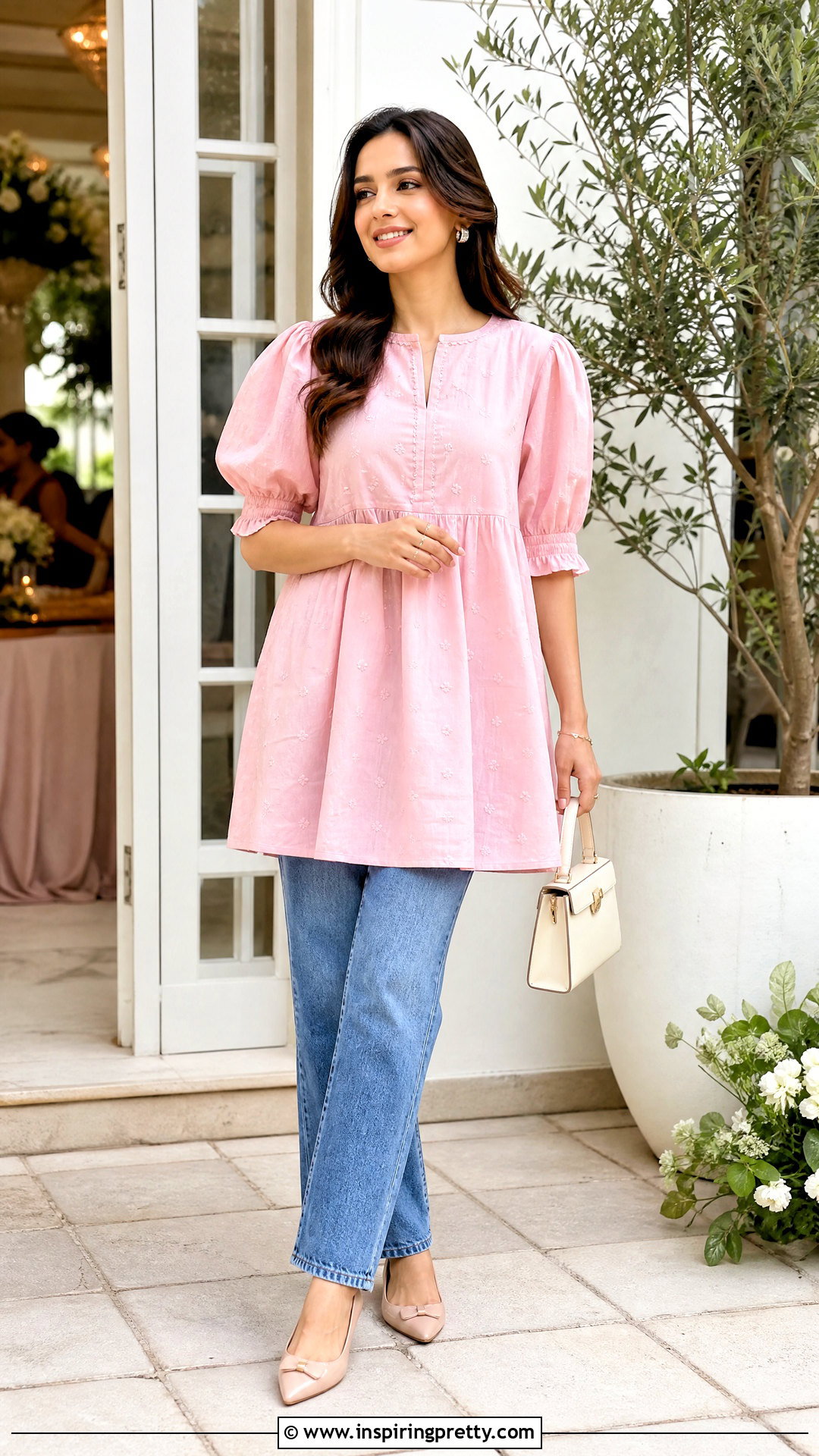 Puff Sleeve Kurti With Straight Jeans - 50 kurti tops for jeans