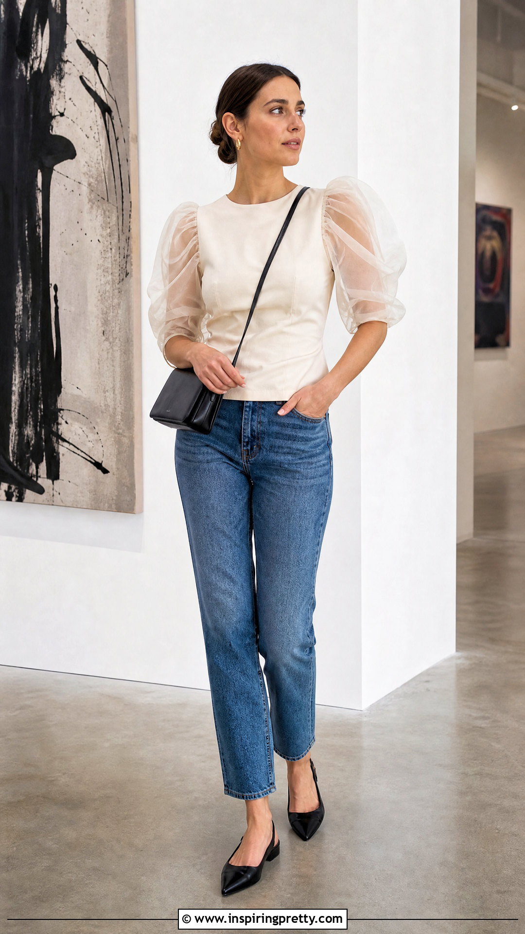 Puff Sleeve Organza Top With Straight Jeans - 50 organza tops outfit ideas