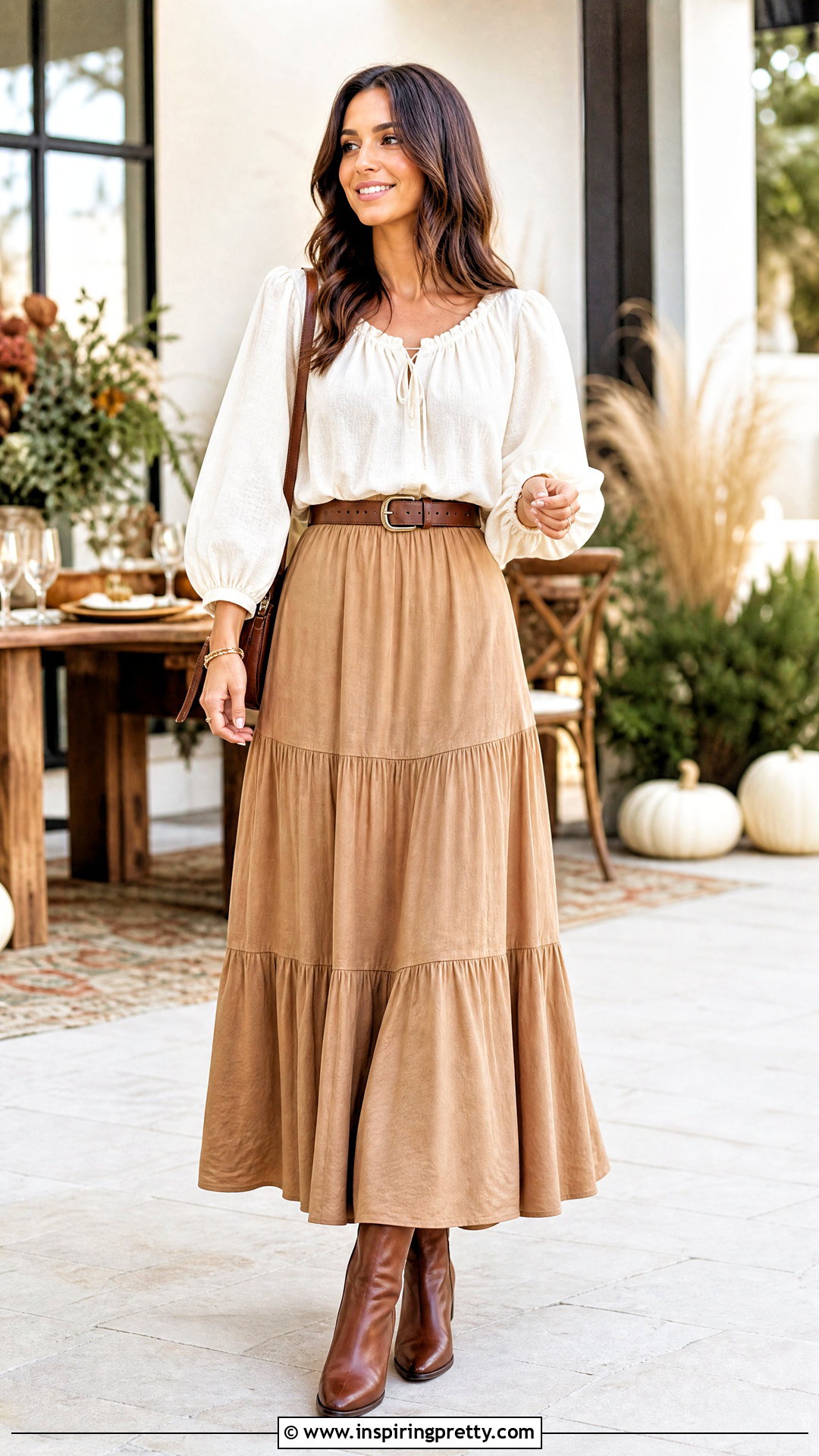 Puff Sleeve Peasant Top With Belted Maxi Skirt - 25 Puff Sleeve Peasant Top outfit ideas