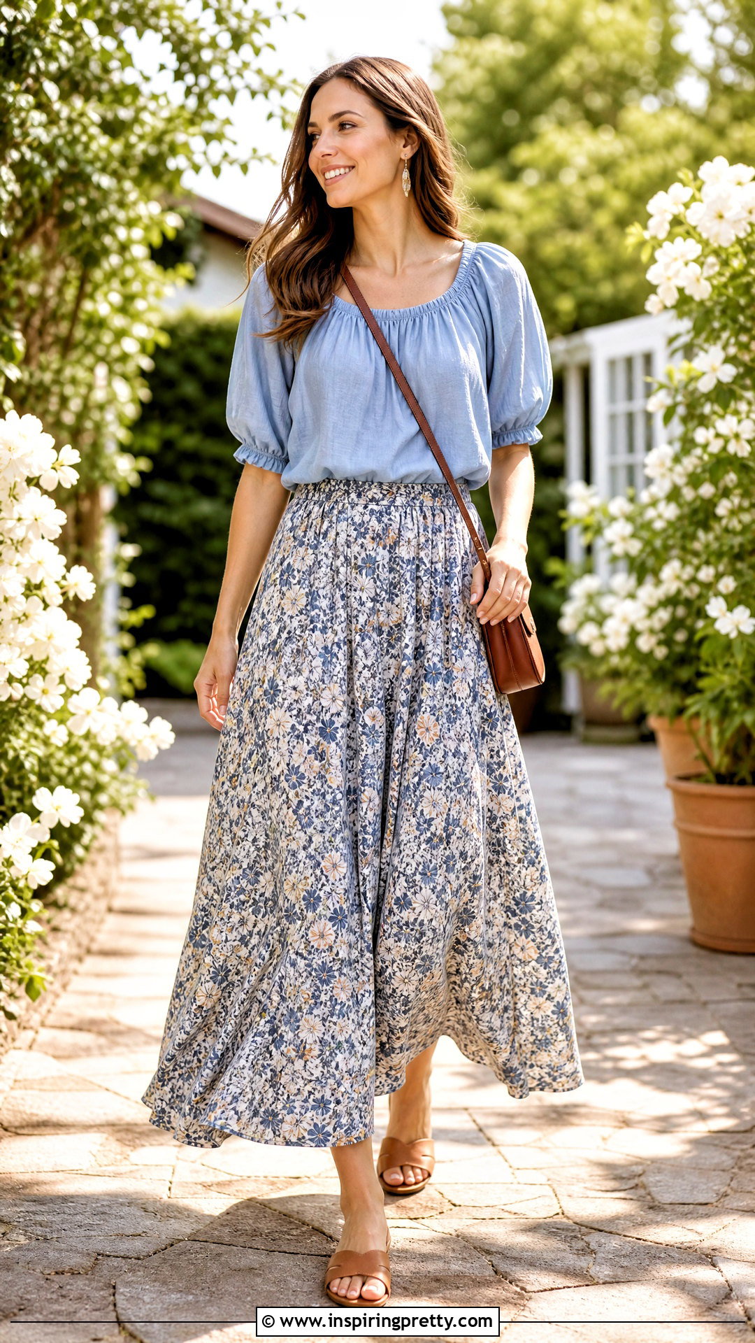 Puff Sleeve Peasant Top With Floral Maxi Skirt - 25 Puff Sleeve Peasant Top outfit ideas