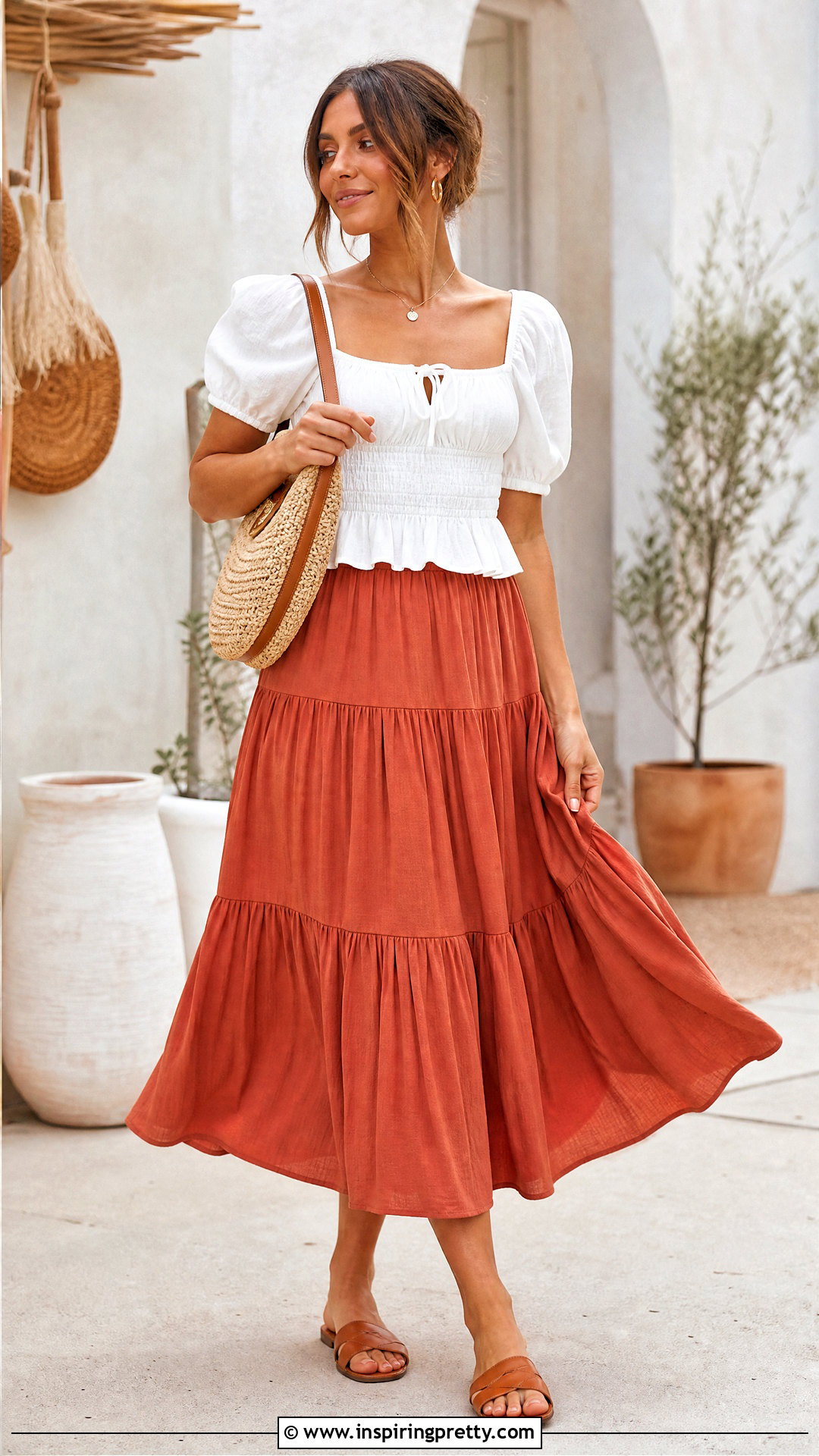 Puff Sleeve Peasant Top With Tiered Midi Skirt - 25 Puff Sleeve Peasant Top outfit ideas