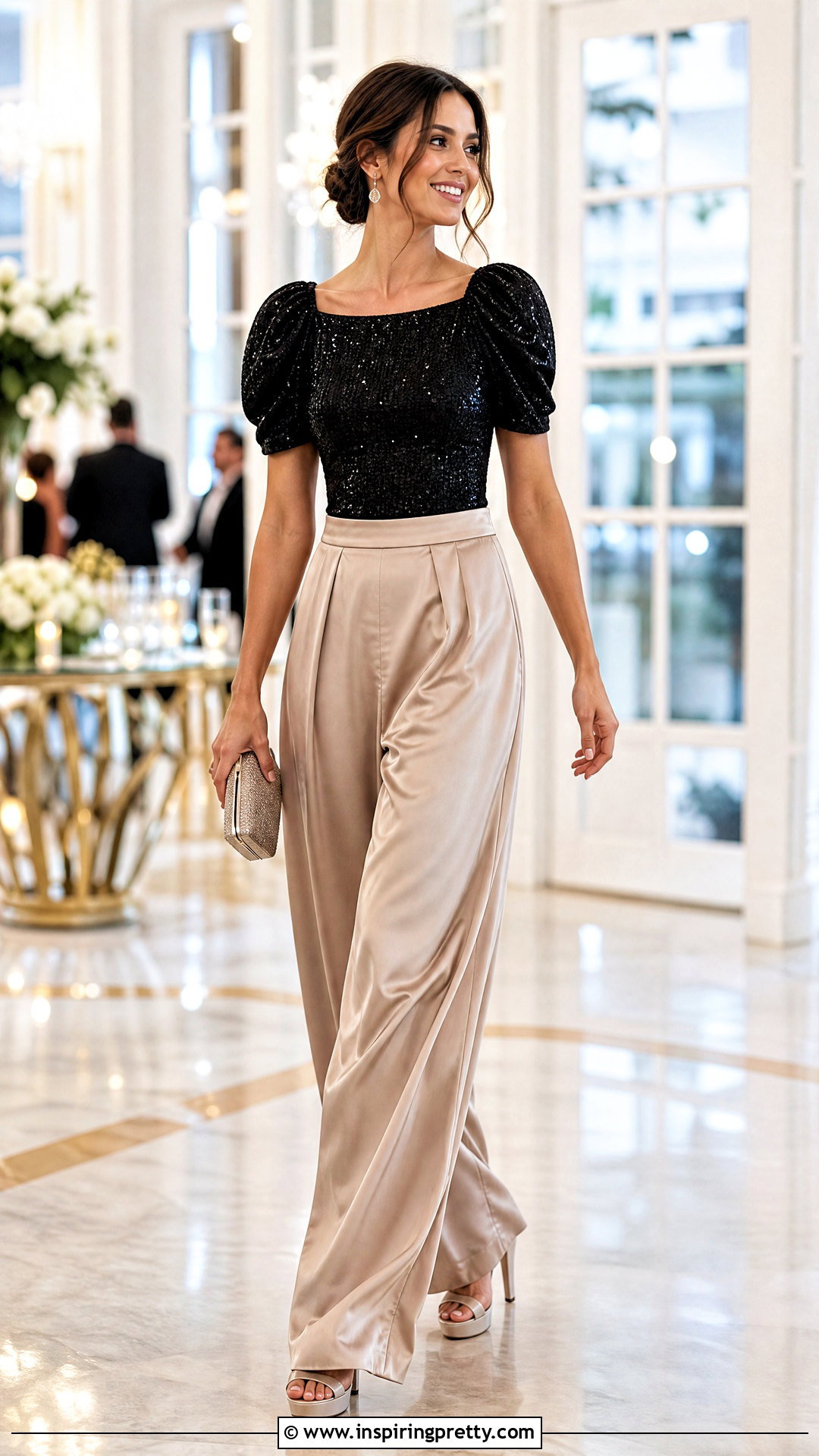 Puff Sleeve Sequin Top With Satin Palazzo Pants - 20 puff sleeve sequin top outfit ideas