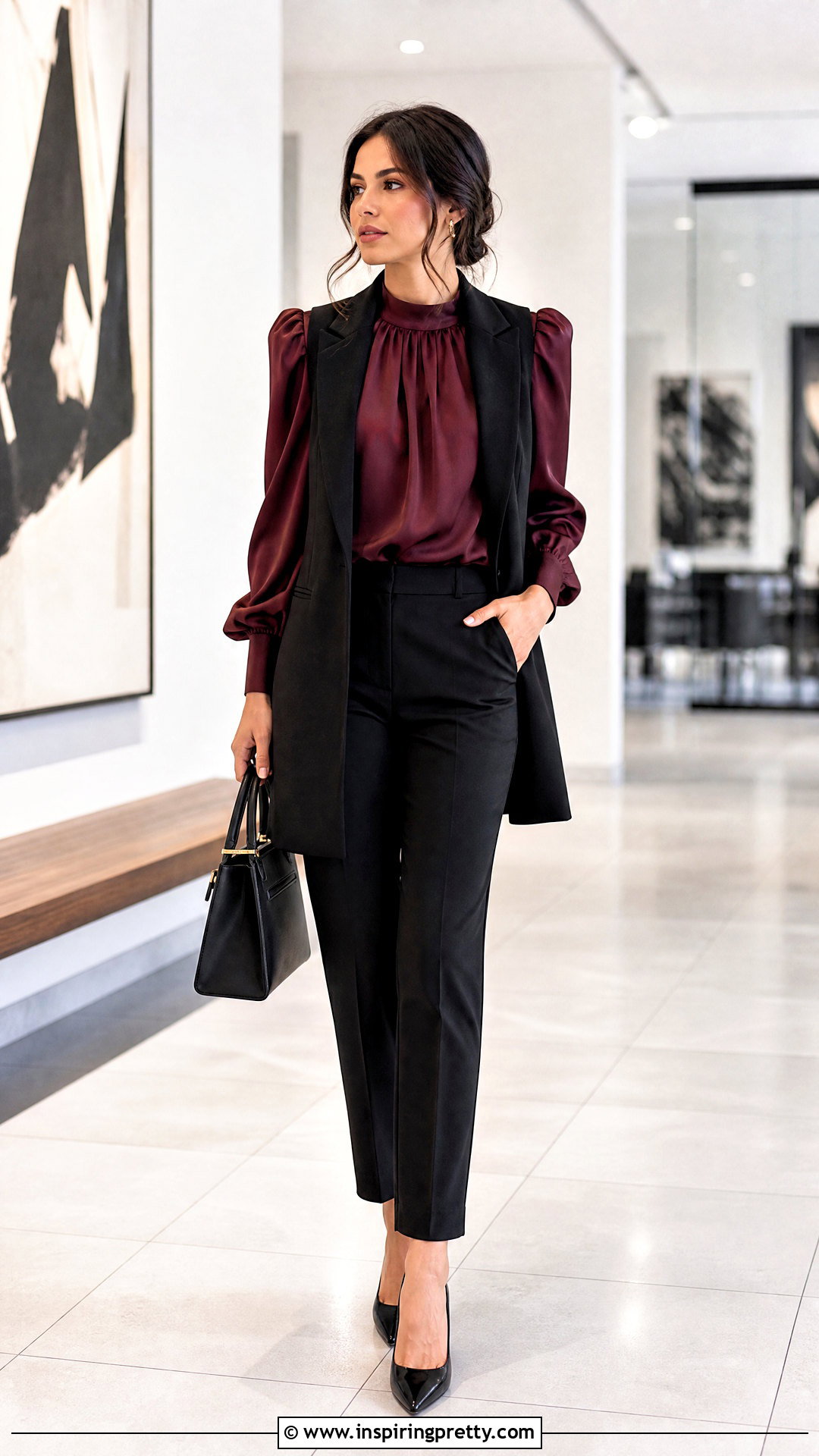 Puff Sleeve Silk Blouse With Straight Pants - 50 silk tops blouses