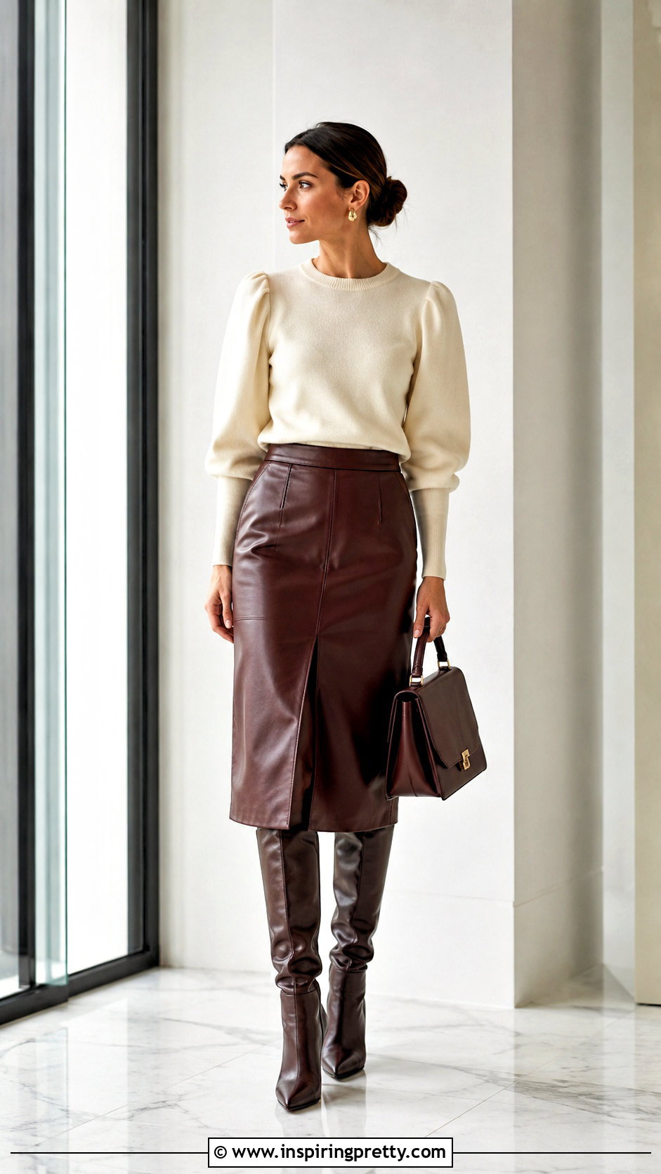 Puff Sleeve Sweater With Leather Skirt - 50 puff sleeve top outfit ideas