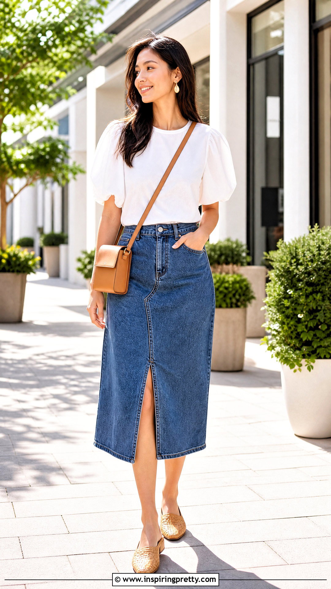 Puff Sleeve Top And Denim Midi Skirt Outfit - 20 casual tops outfit ideas