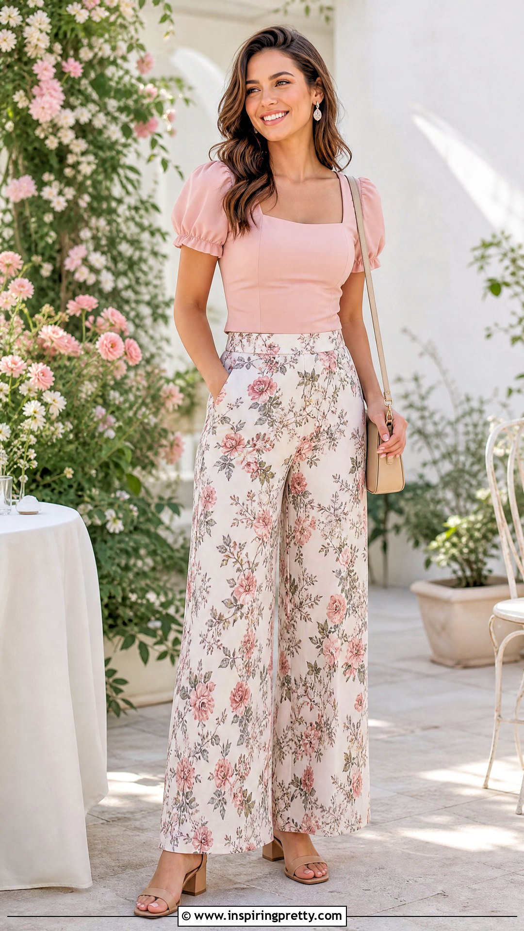 Puff Sleeve Top With Floral Palazzo Pants - 50 short top with plazo outfit ideas