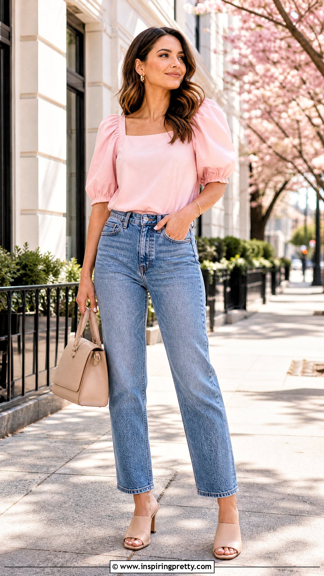 Puff Sleeve Top With High Waisted Jeans - 50 beautiful tops outfit ideas