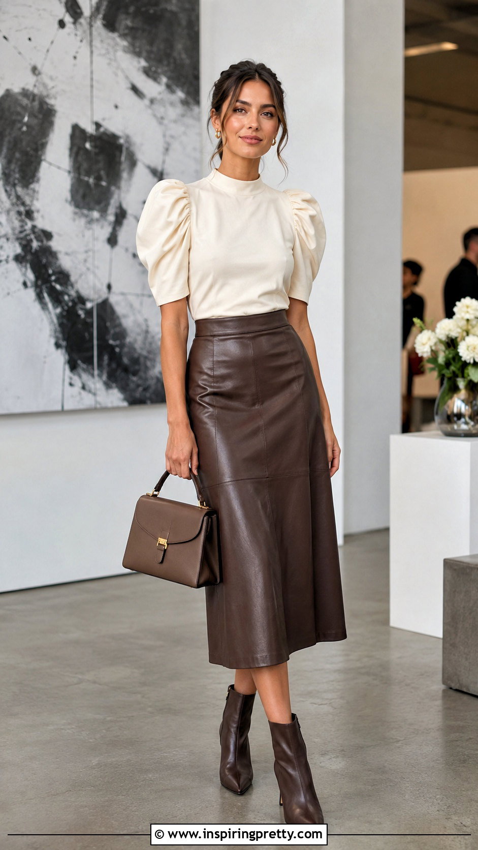 Puff Sleeve Top With Leather Midi Skirt - 50 fancy top designs for women
