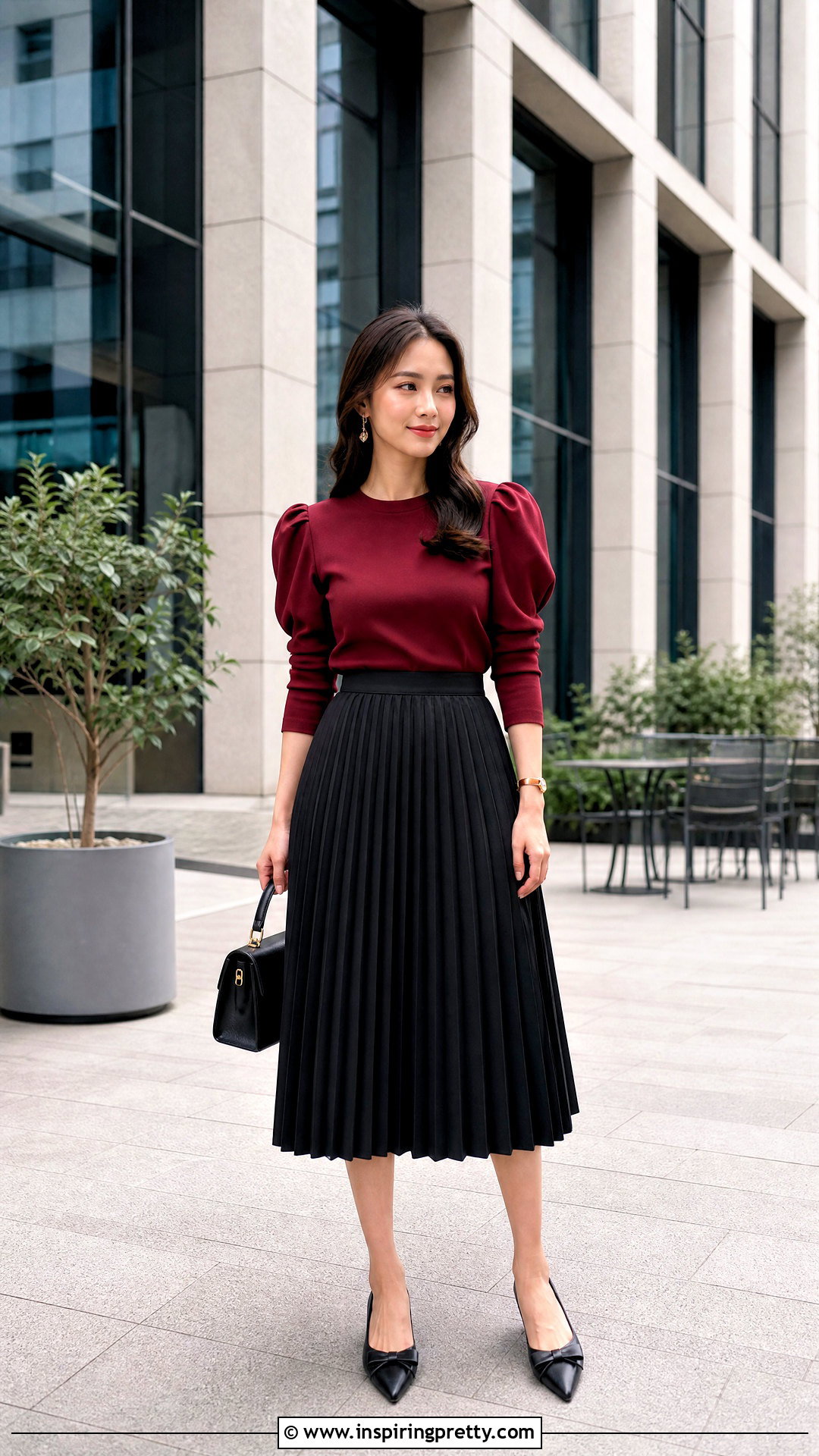 Puff Sleeve Top With Midi Skirt - 50 pinterest tops outfit ideas