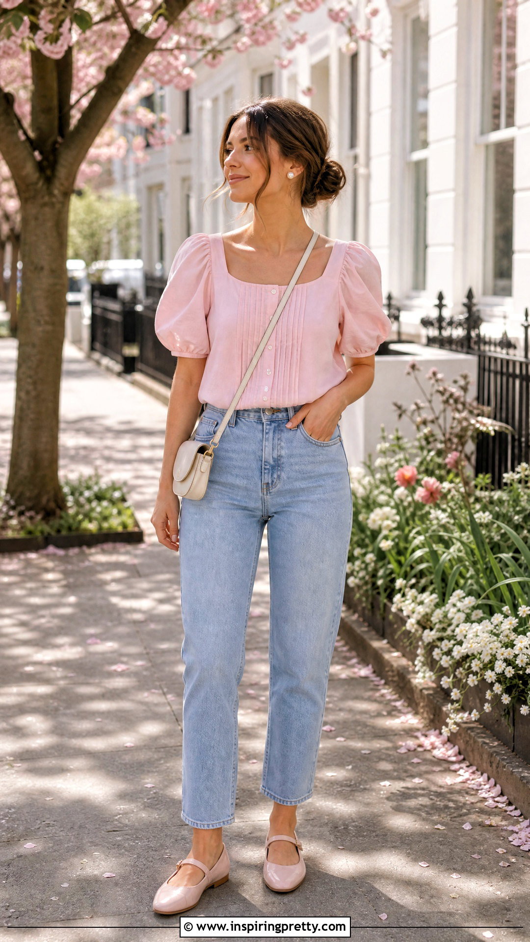Puff Sleeve Top With Mom Jeans - 50 cute tops aesthetic ideas