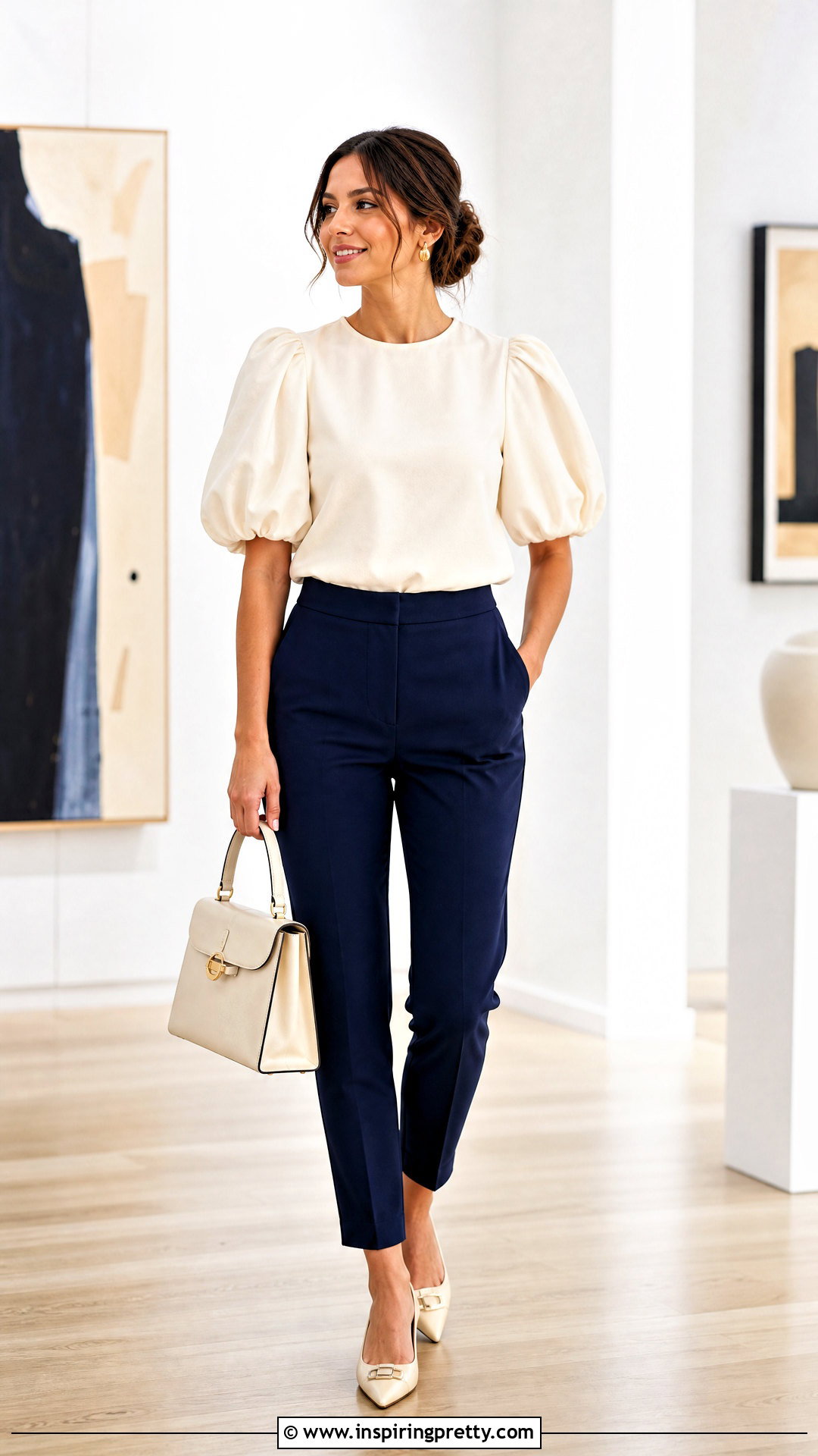 Puff Sleeve Top With Slim Trousers - 50 top and pants outfit ideas