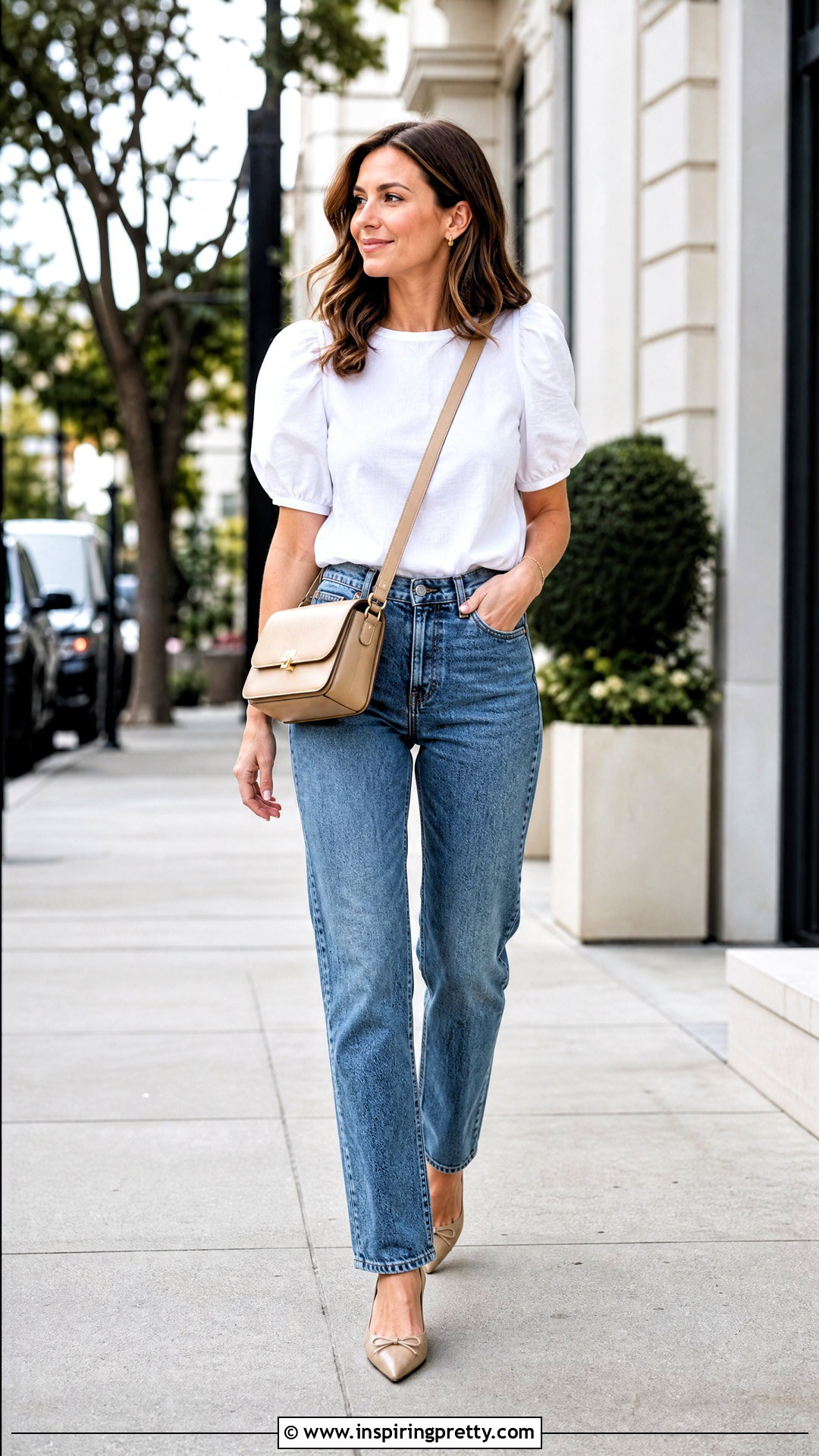 Puff Sleeve Top With Straight Jeans - 50 classy tops outfit ideas