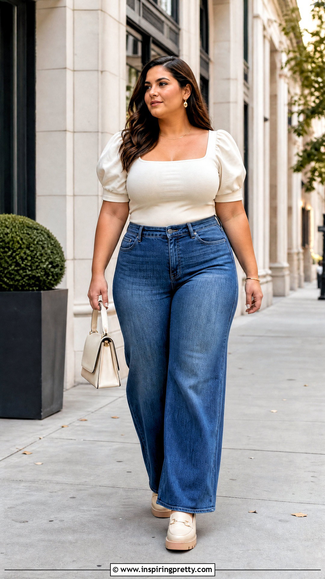 Puff Sleeve Top With Wide Leg Jeans - 50 busty women tops outfit ideas