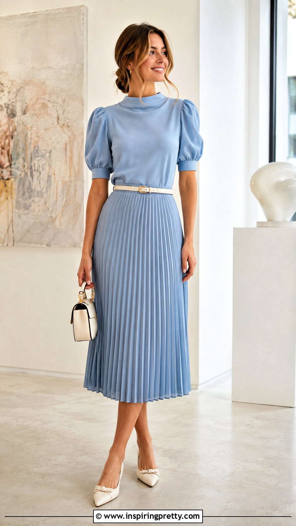 Puff Sleeve Top With a Pleated Midi Skirt - 50 puff sleeve top outfit ideas