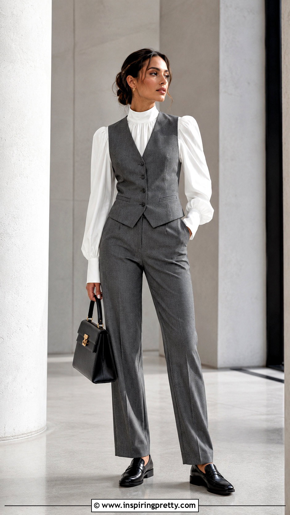 Puff Sleeve Top With a Vest and Trousers - 50 puff sleeve top outfit ideas