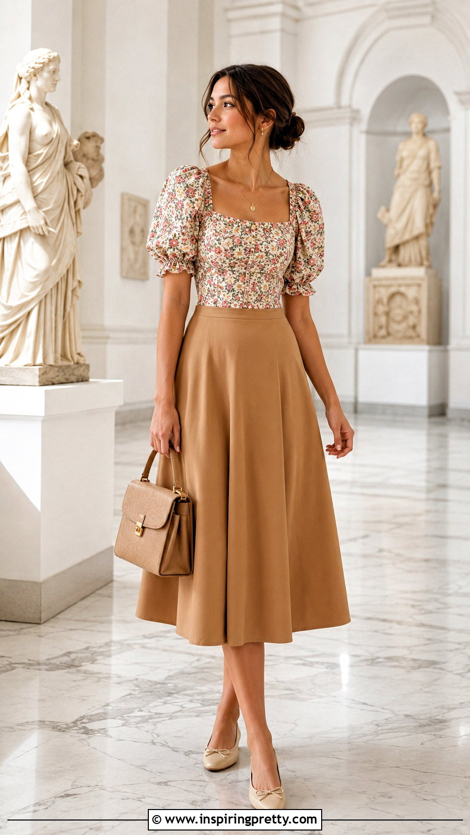 Puff Sleeve Top With an A Line Skirt - 50 puff sleeve top outfit ideas