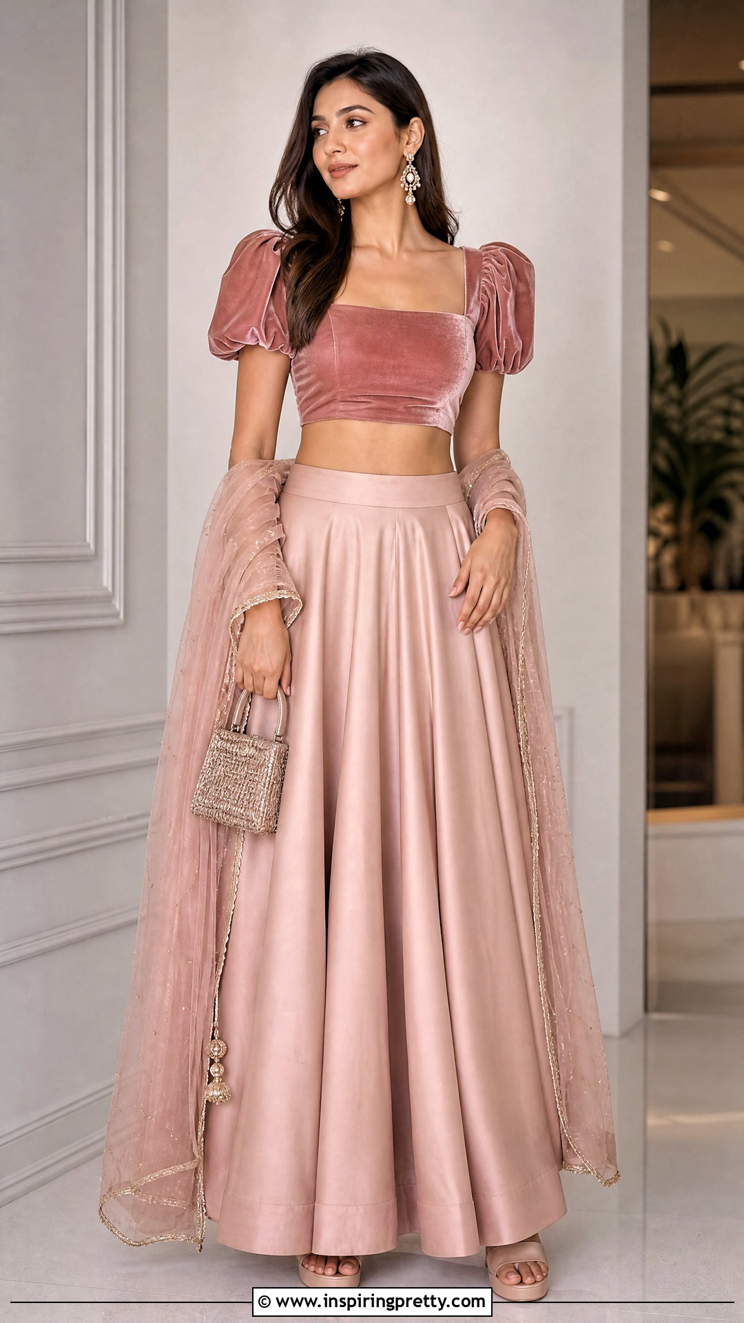 Puff Sleeve Velvet Crop Top With Satin Lehenga - 50 velvet crop top designs for lehengas