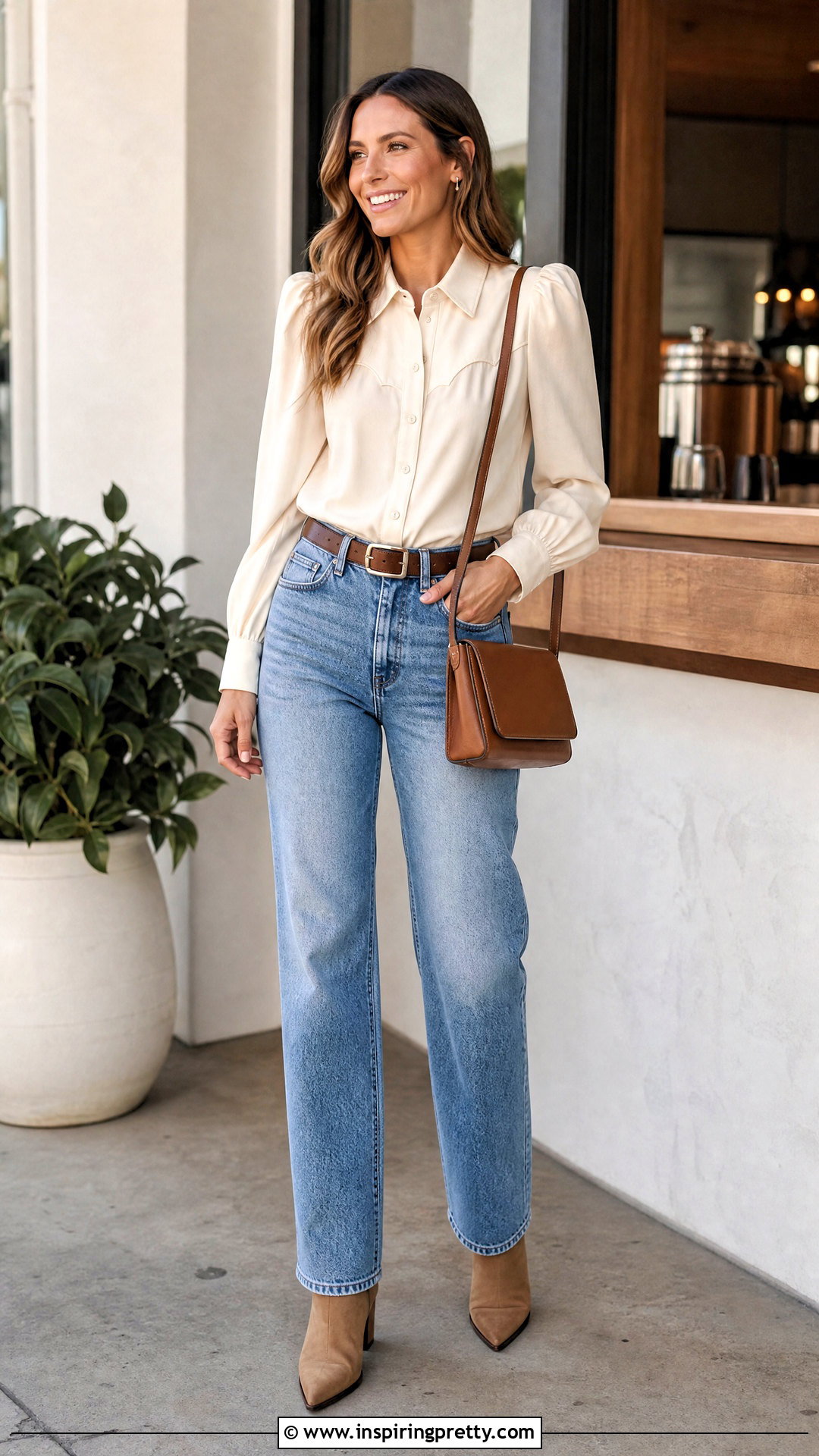 Puff Sleeve Western Top With Straight Jeans - 50 western tops outfit ideas