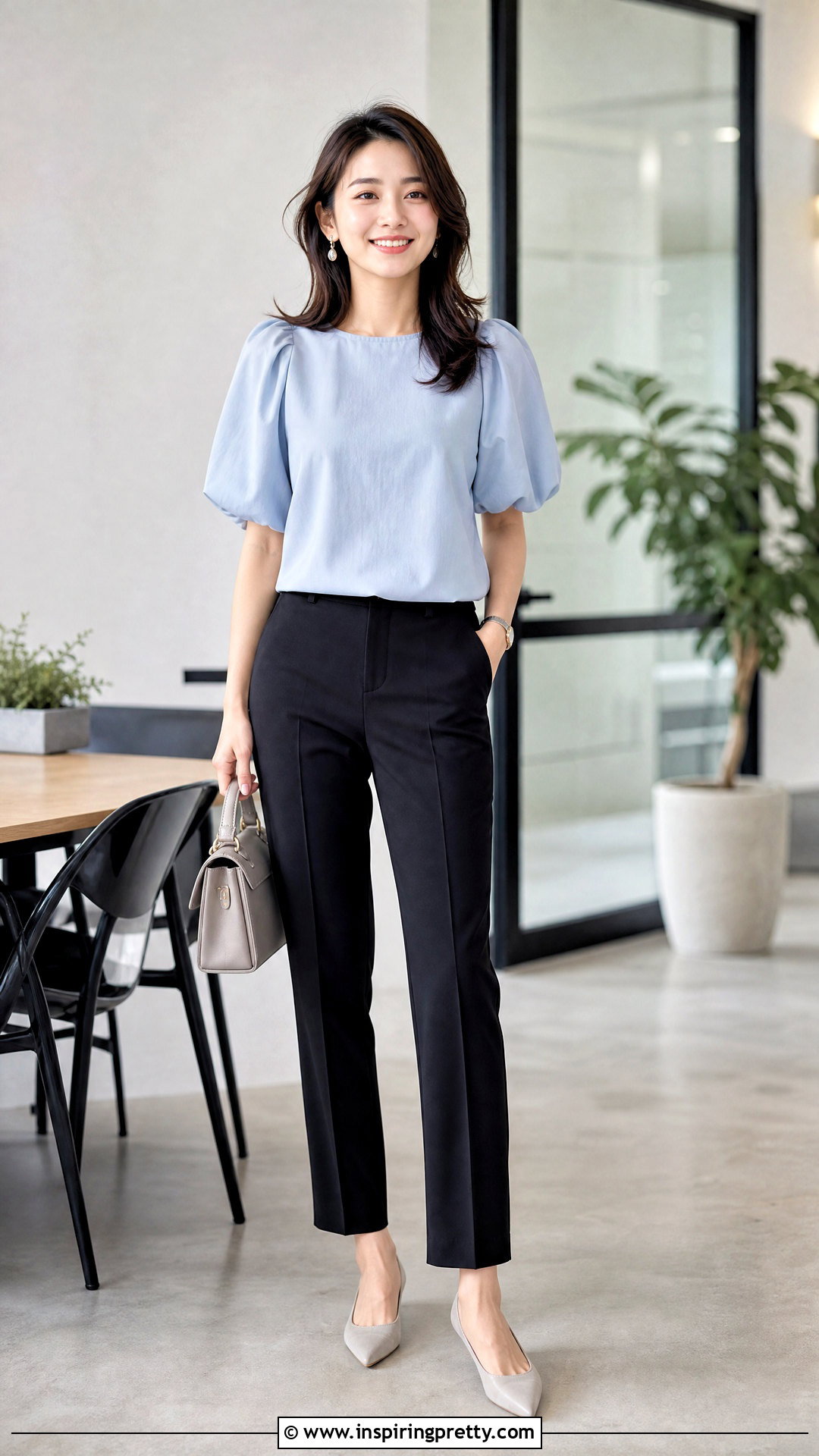Puff Sleeve Work Top With Slim Trousers - 25 Trendy Work Tops outfit ideas
