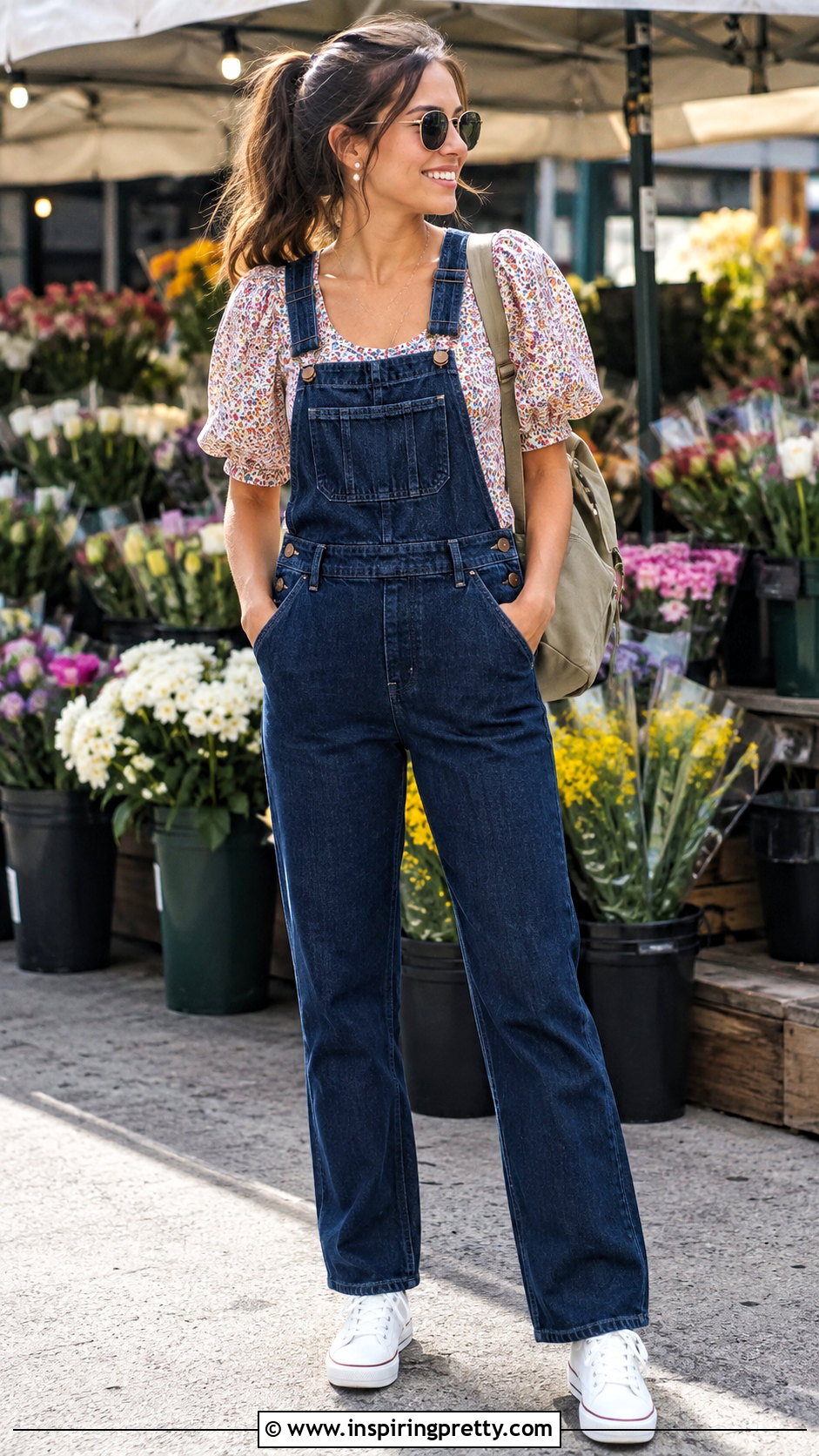 Puffy Sleeve Top With Denim Overalls - 50 puffy sleeve top outfit ideas