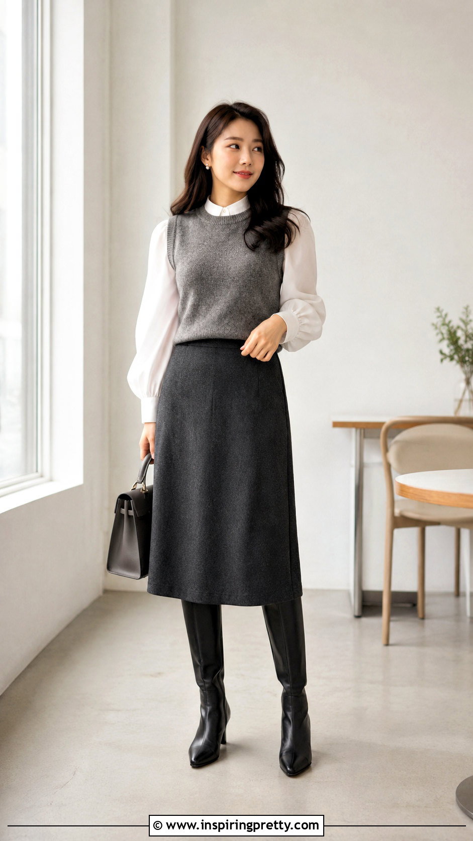 Puffy Sleeve Top With Sweater Vest And Midi Skirt - 50 puffy sleeve top outfit ideas