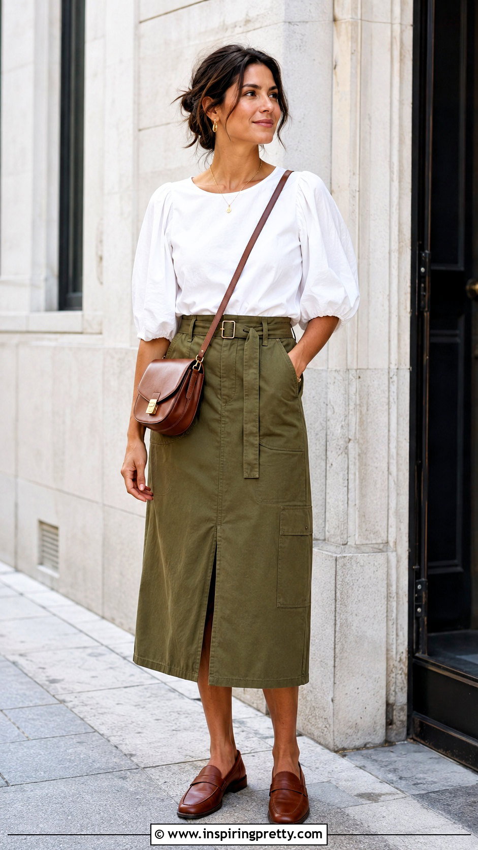 Puffy Sleeve Top With Utility Midi Skirt - 50 puffy sleeve top outfit ideas