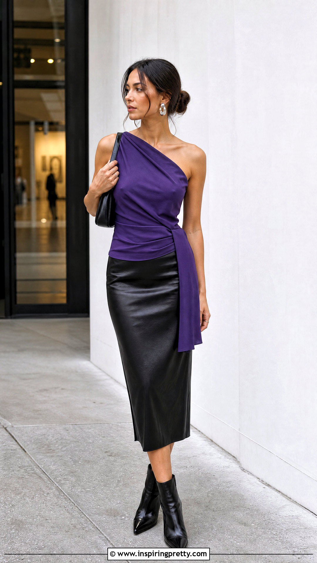Purple Asymmetrical Top With Leather Midi Skirt - 25 fancy purple top outfit ideas